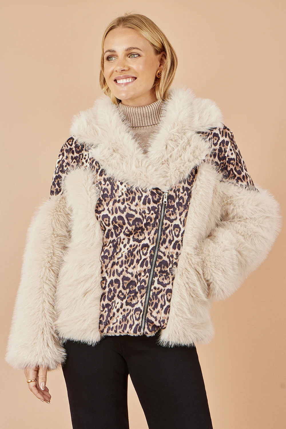 Yumi Cream Fur Biker Jacket With Leopard Print - Image 4