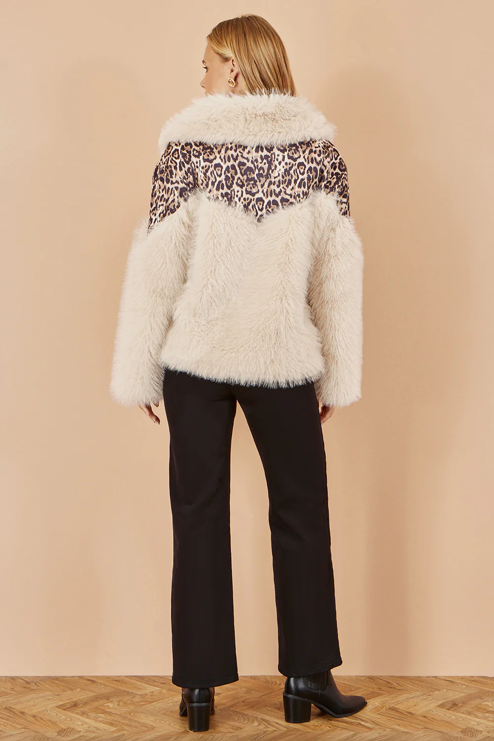 Yumi Cream Fur Biker Jacket With Leopard Print - Image 5