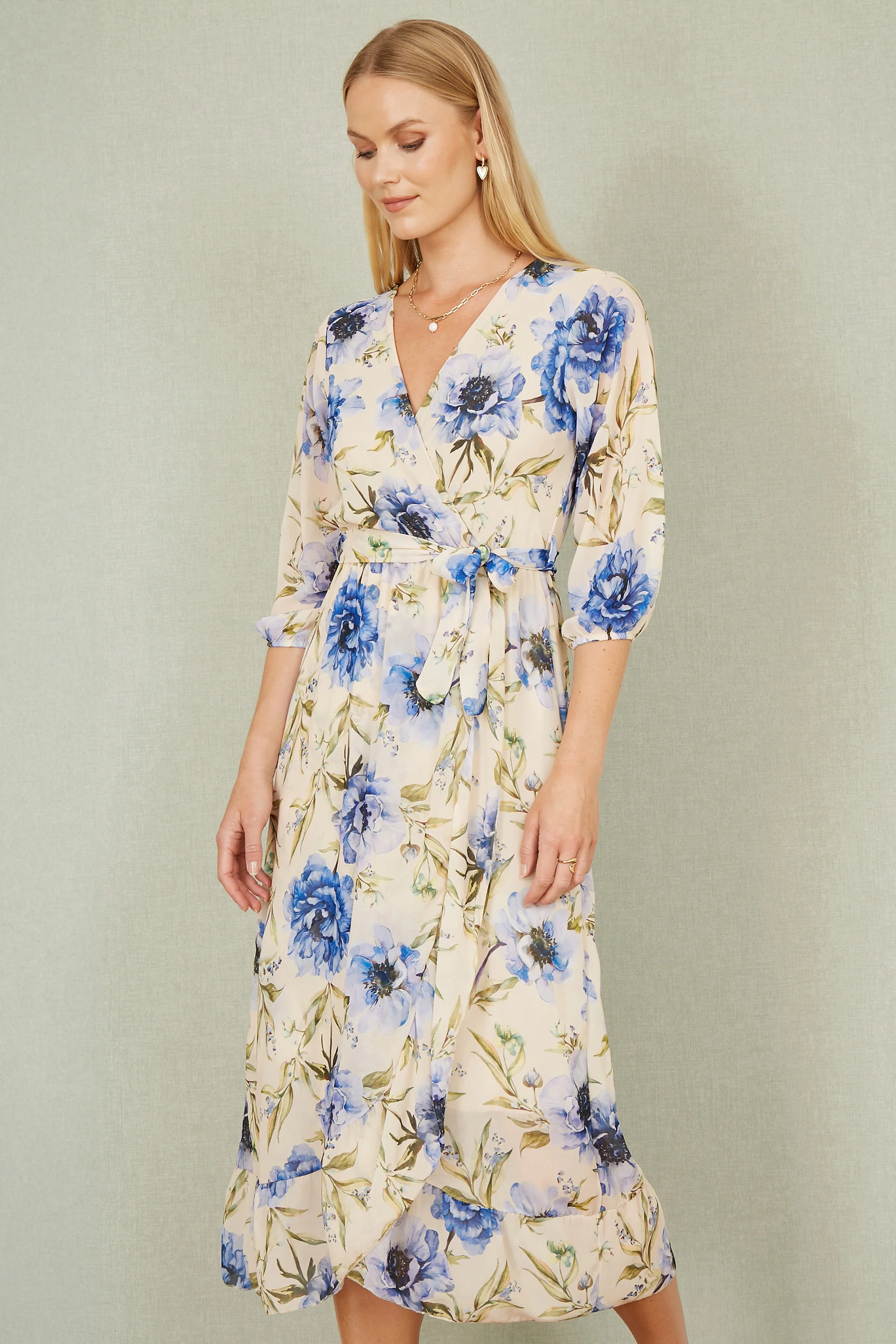 Yumi Cream Vintage Floral Wrap Midi Dress With Frill - Image 3