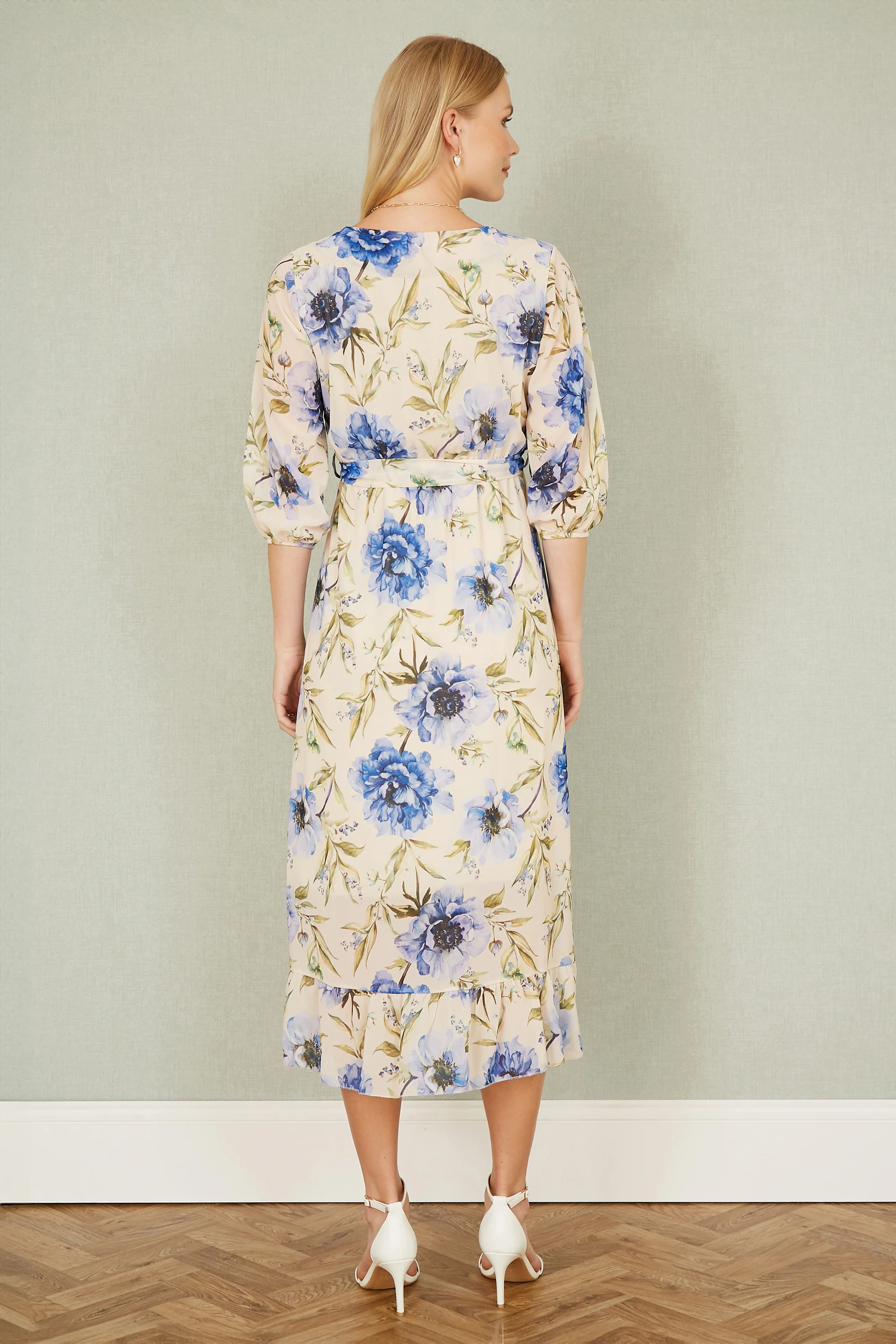 Yumi Cream Vintage Floral Wrap Midi Dress With Frill - Image 4