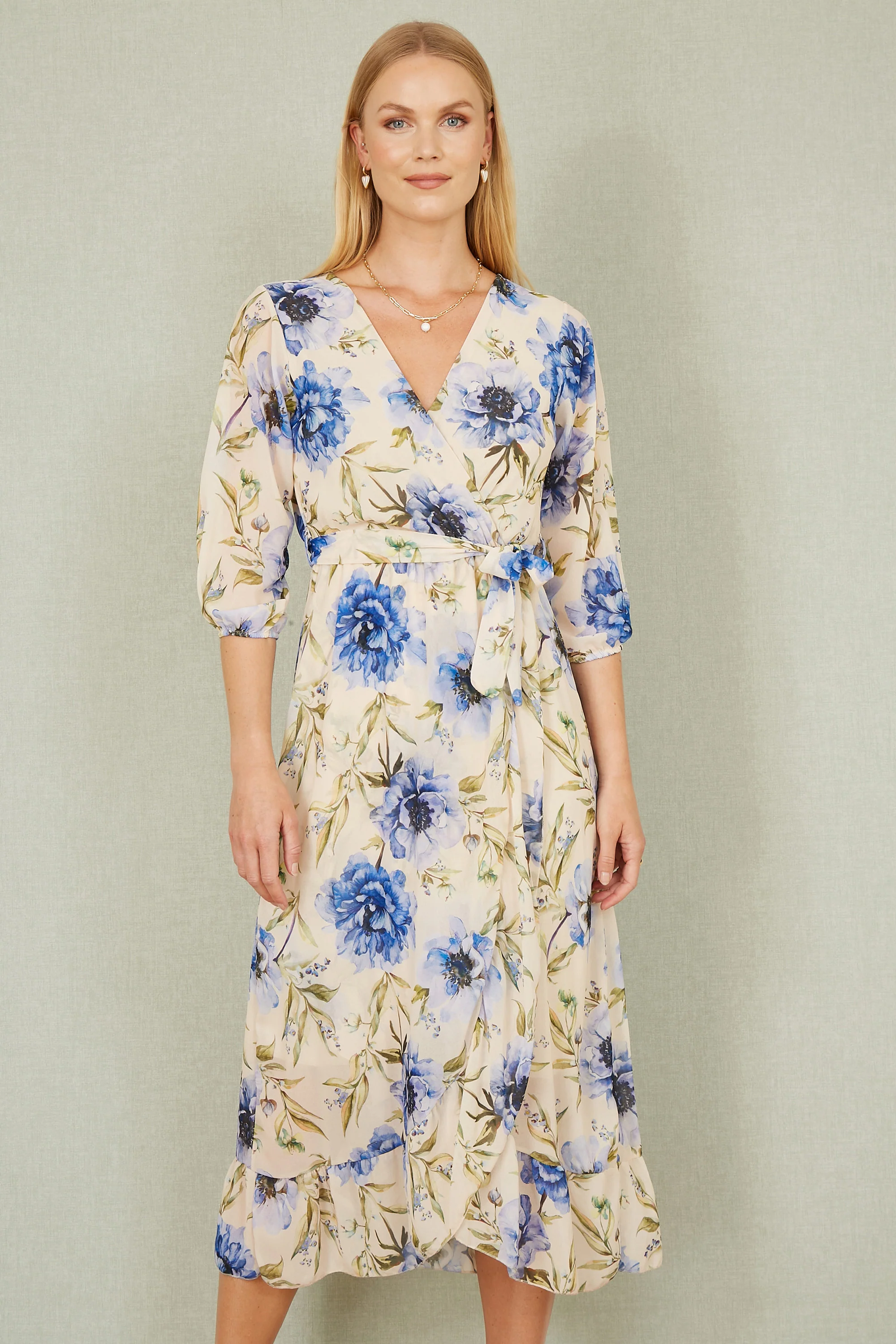 Yumi Cream Vintage Floral Wrap Midi Dress With Frill - Image 5