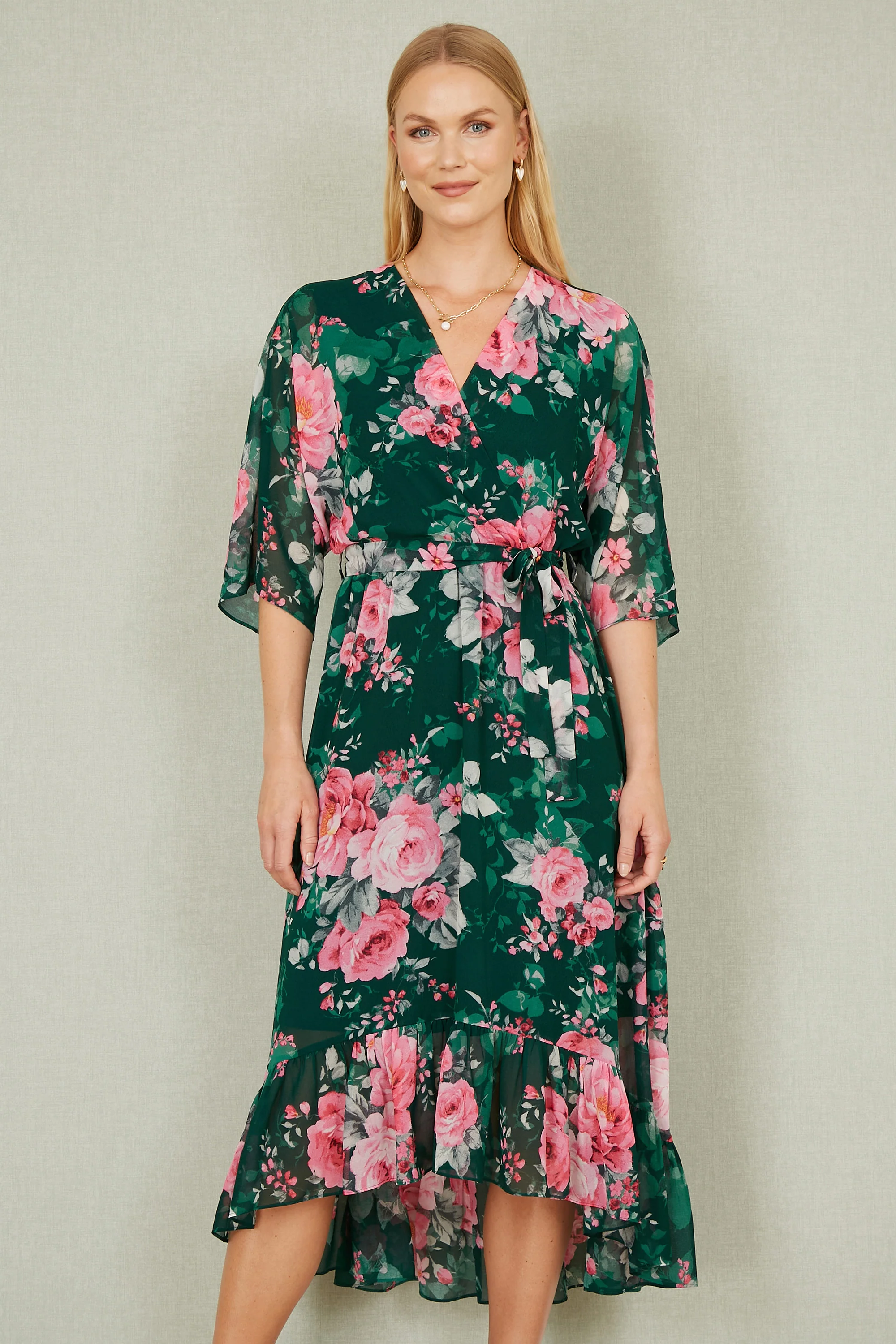 Yumi Dark Green Kimono Sleeves Midi Dip Hem Wrap Midi Dress - Image 3