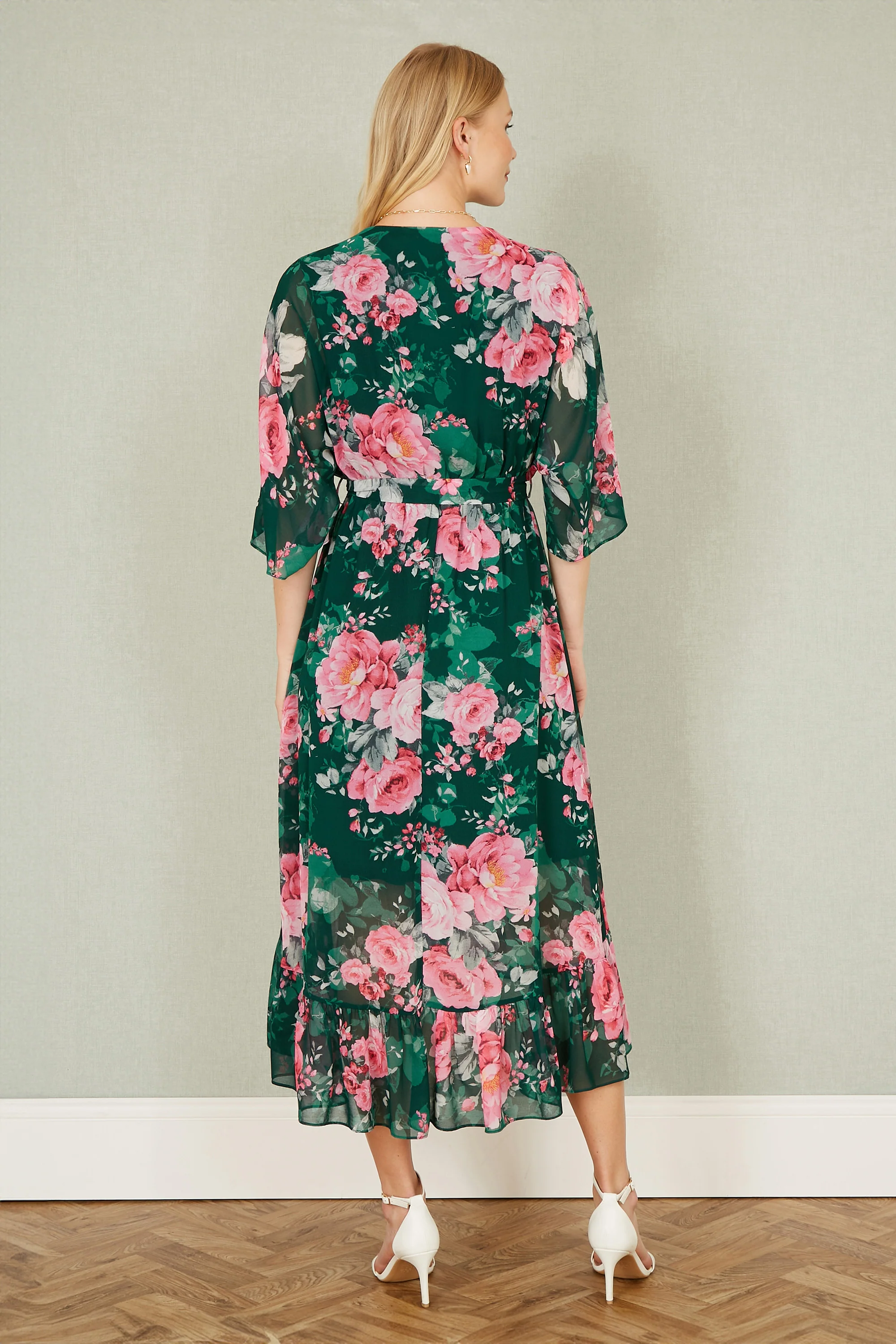 Yumi Dark Green Kimono Sleeves Midi Dip Hem Wrap Midi Dress - Image 4