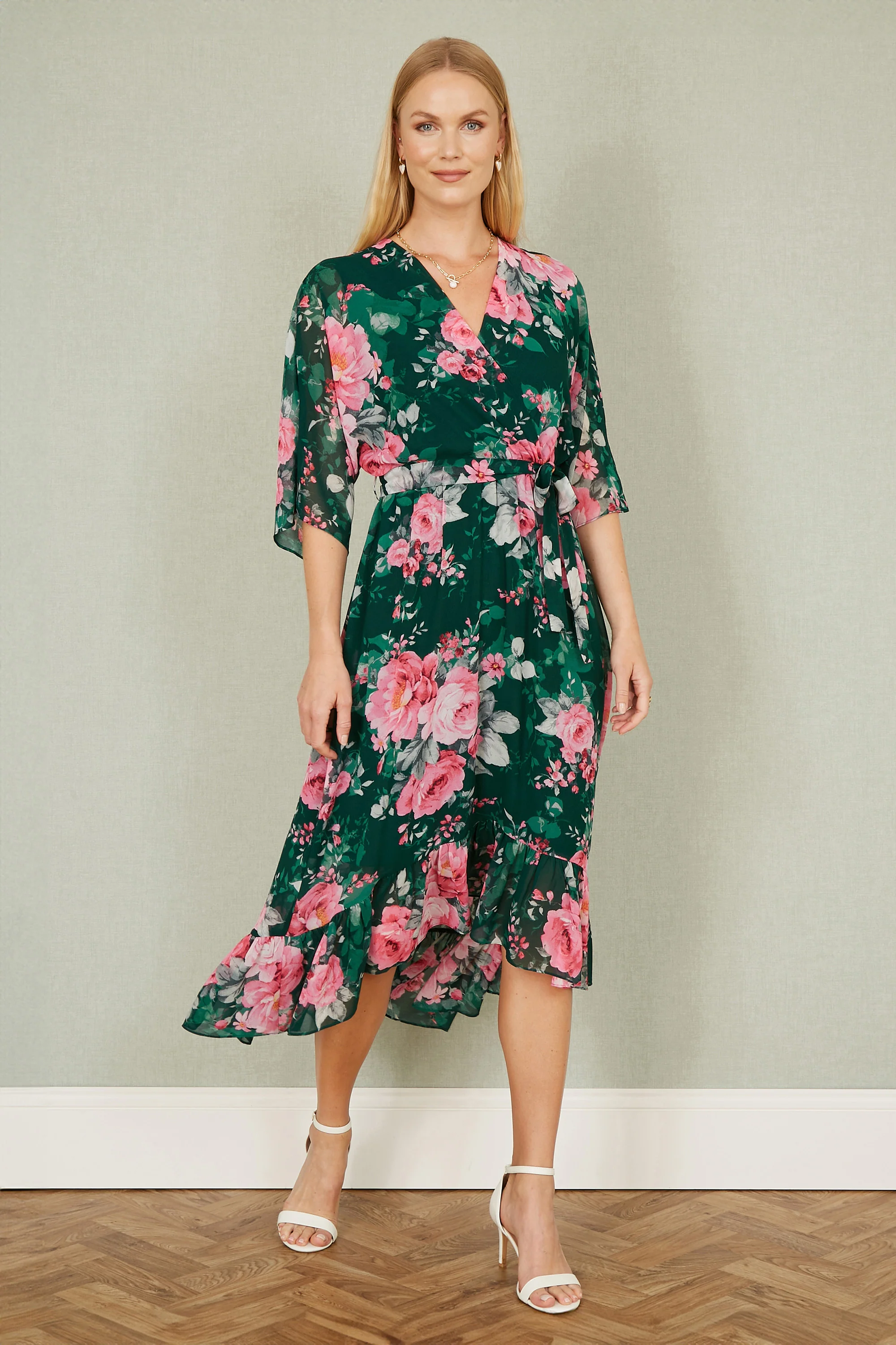 Yumi Dark Green Kimono Sleeves Midi Dip Hem Wrap Midi Dress - Image 5