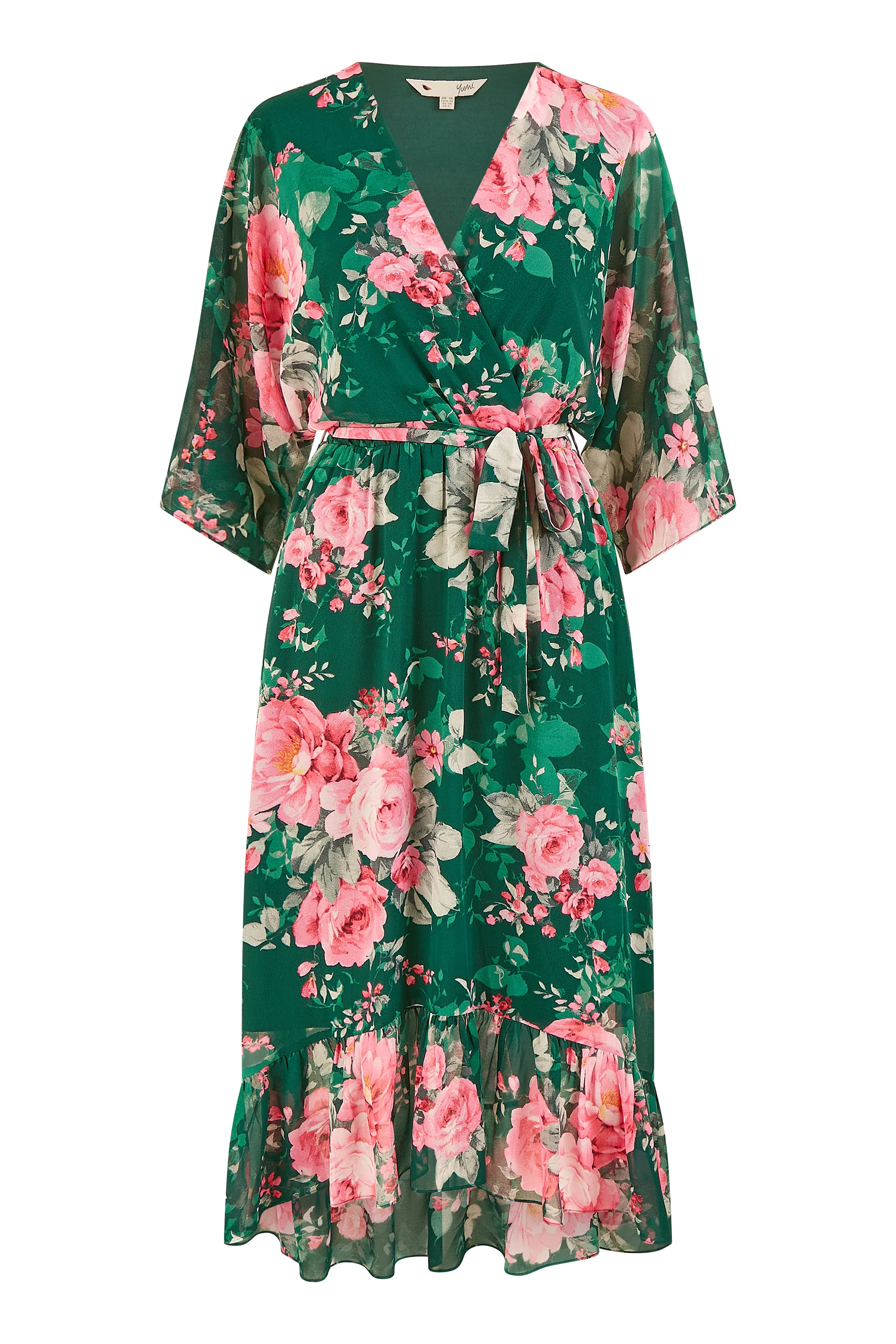 Yumi Dark Green Kimono Sleeves Midi Dip Hem Wrap Midi Dress - Image 6