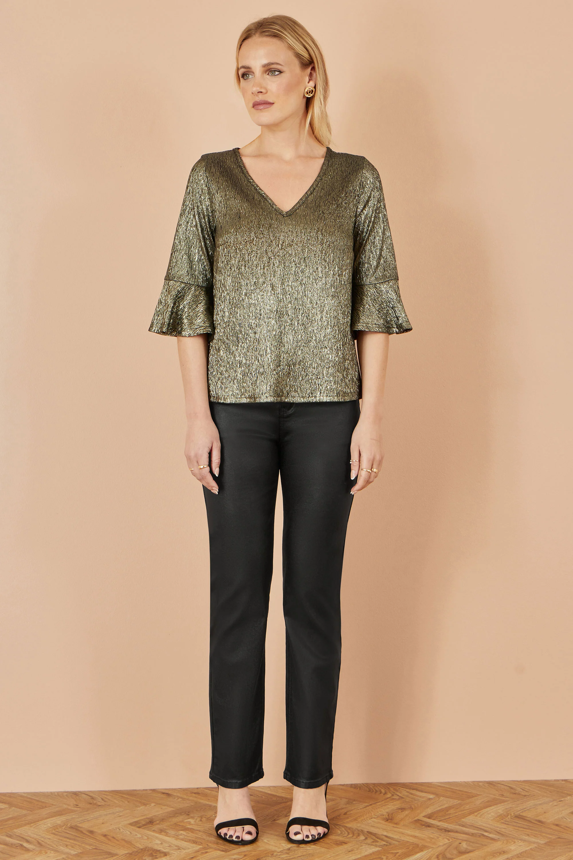 Yumi Gold Stretch Top With Fluted Sleeves - Image 3