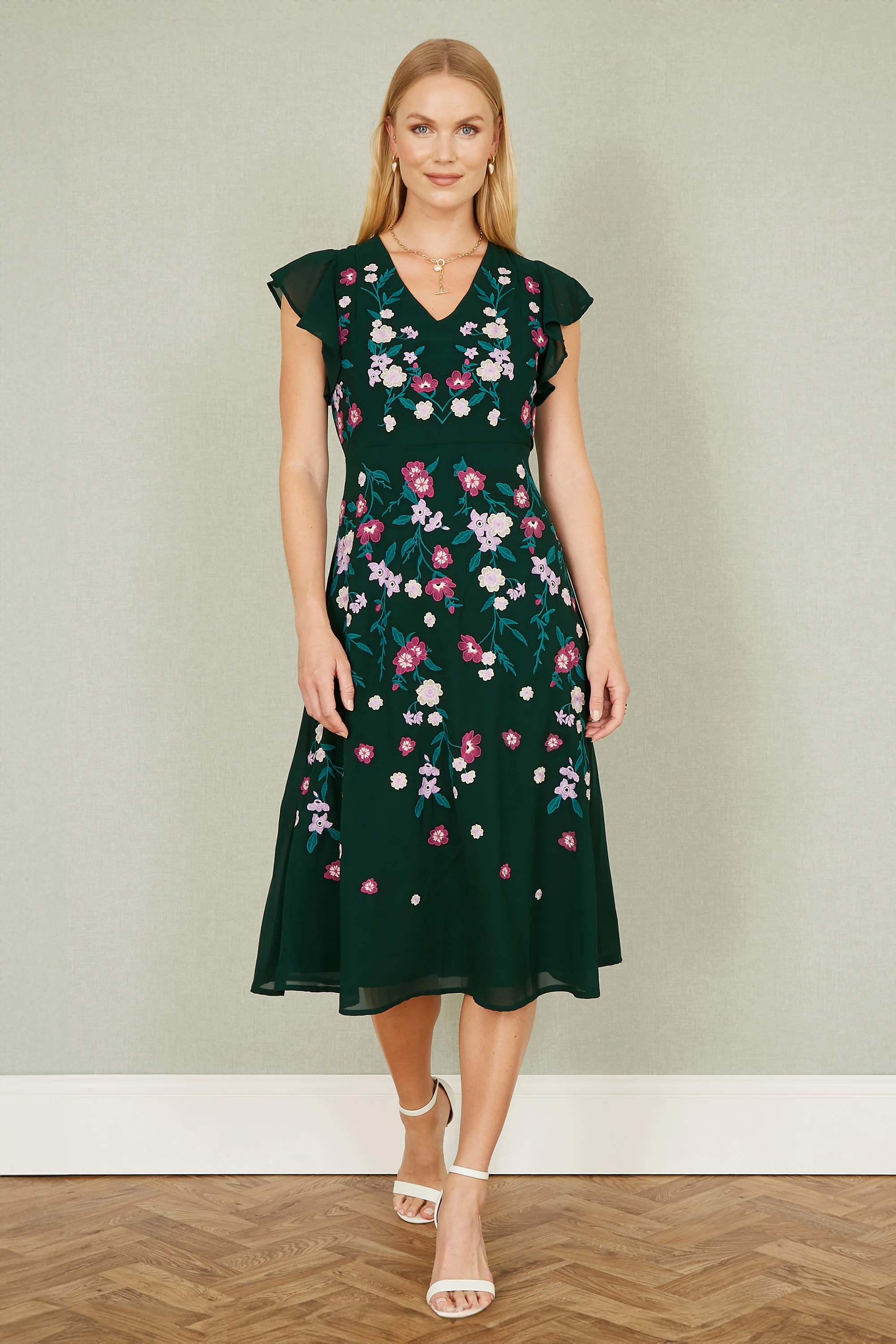 Yumi Green All Over Floral Embroidery Midi Skater Dress - Image 3