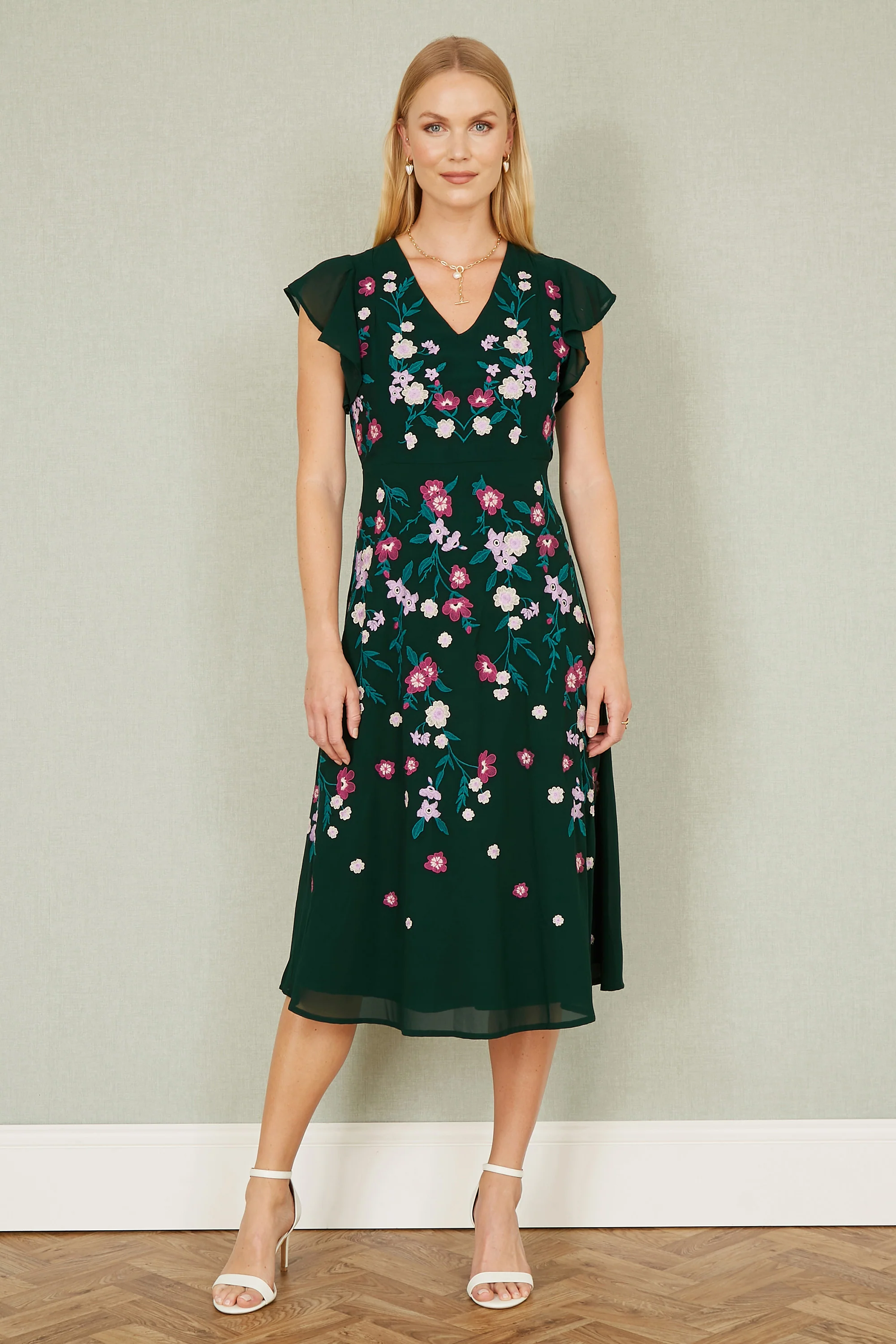 Yumi Green All Over Floral Embroidery Midi Skater Dress - Image 5