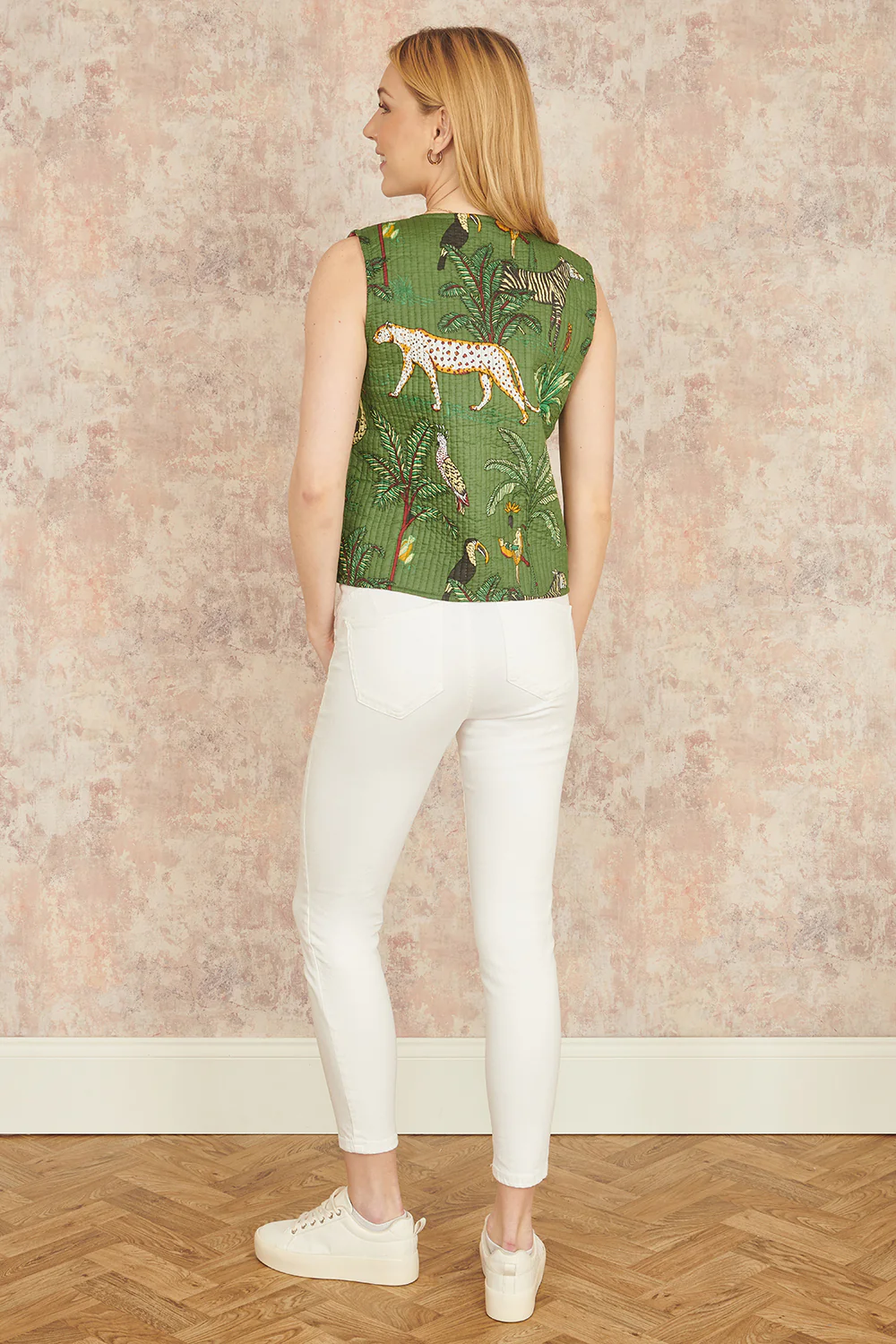 Yumi Green Animal Reversible Cotton Quilted Waistcoat - Image 4