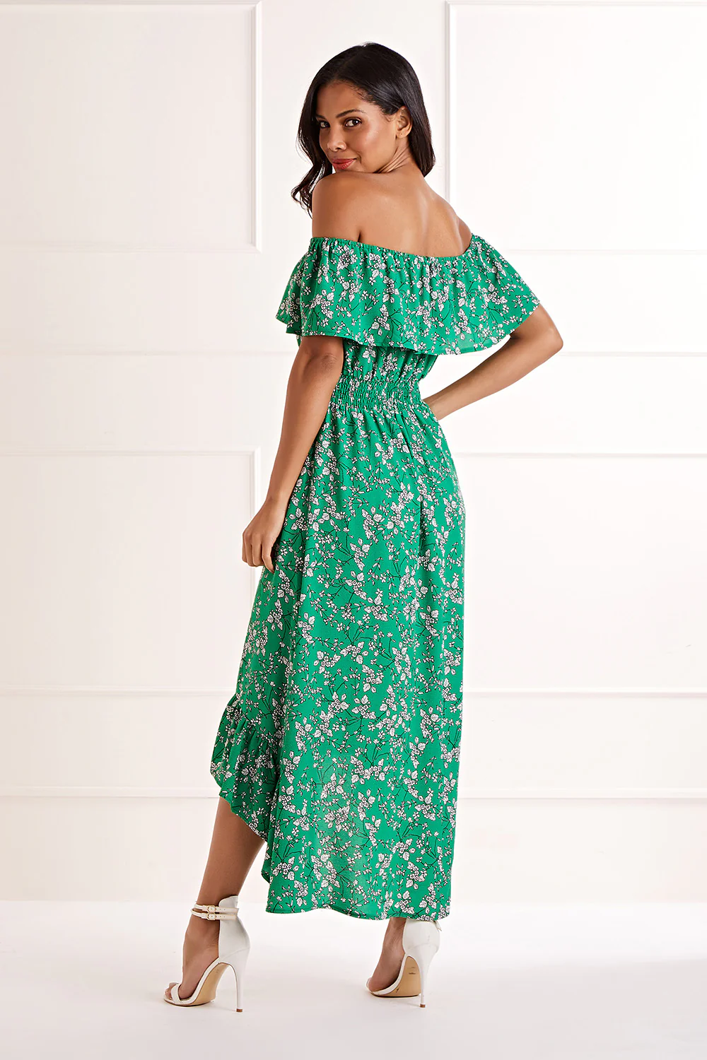 Yumi Green Bardot Asymmetric Maxi Dress - Image 3