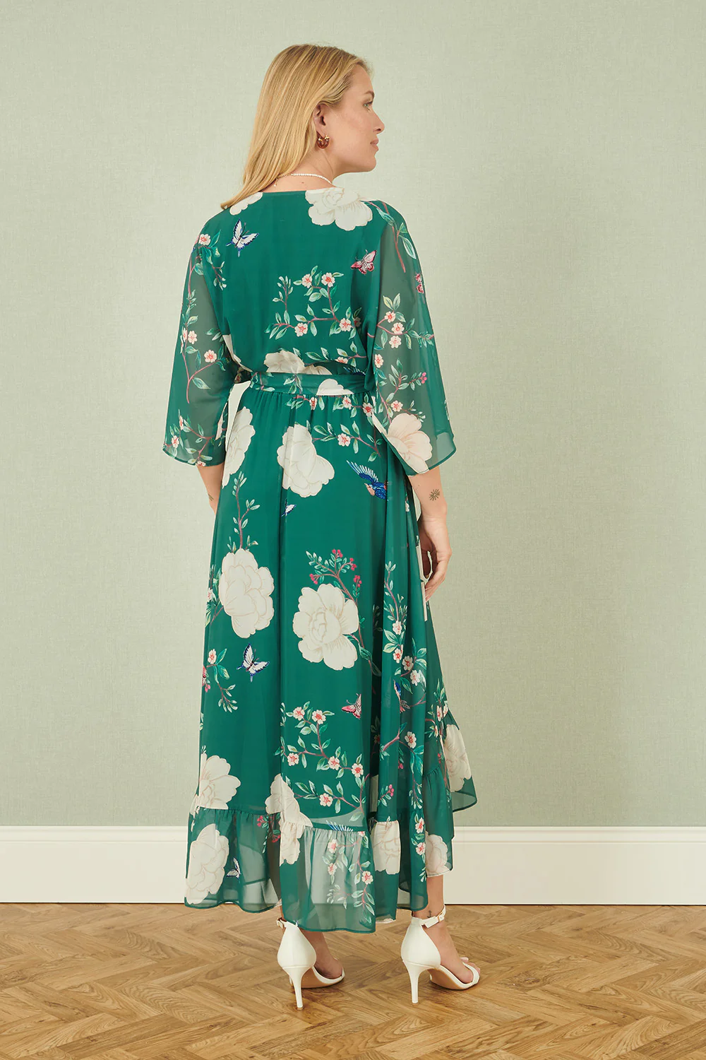 Yumi Green Bird and Floral Print Midi Wrap Dress - Image 3