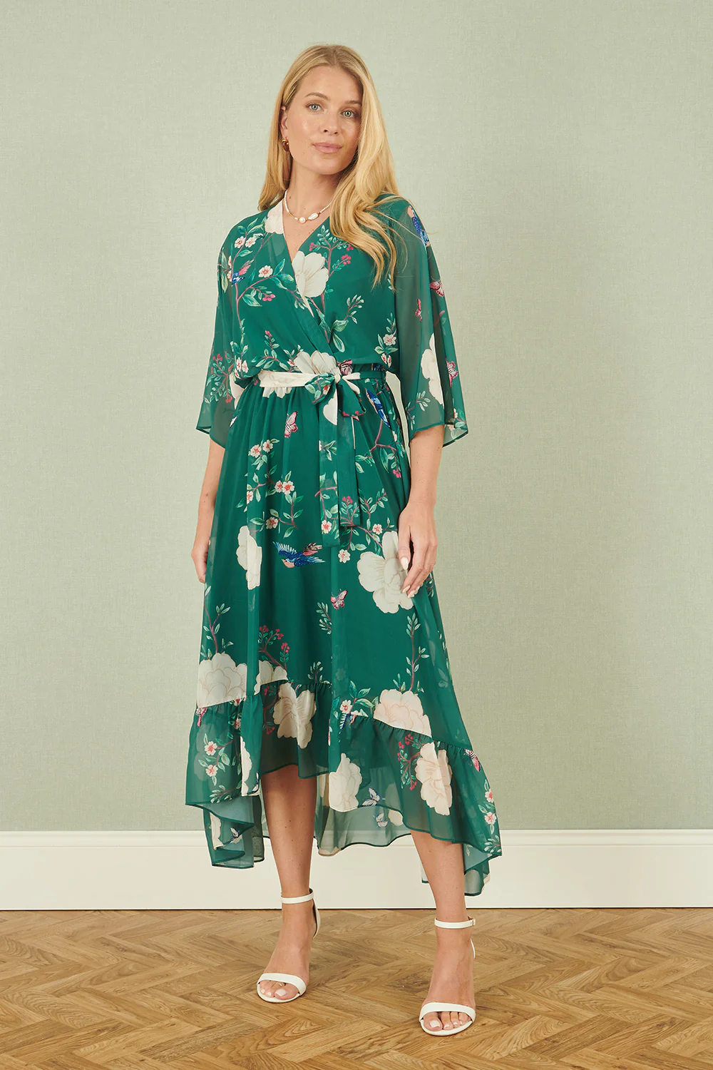 Yumi Green Bird and Floral Print Midi Wrap Dress - Image 4