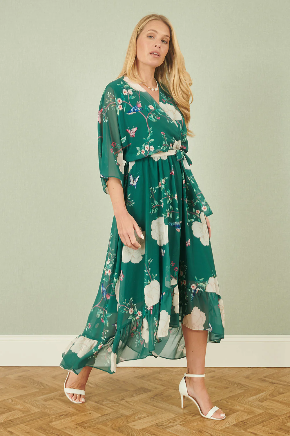 Yumi Green Bird and Floral Print Midi Wrap Dress - Image 5