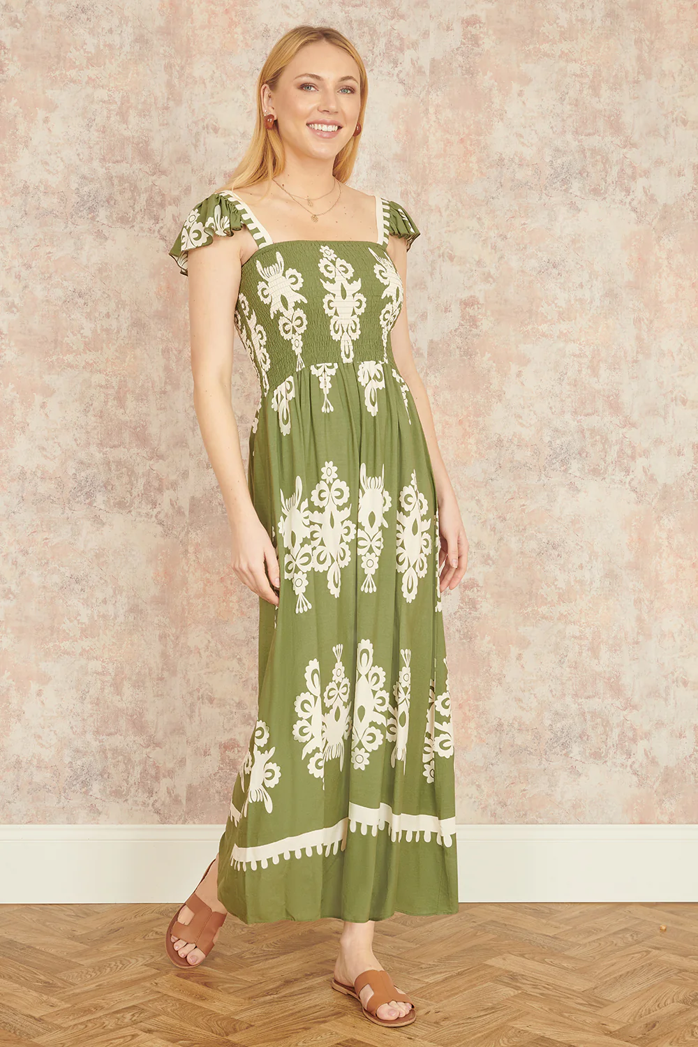 Yumi Green Block Print Ruched Maxi Dress - Image 2