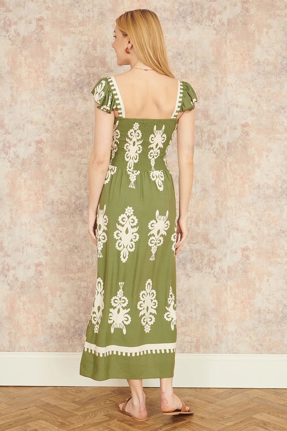 Yumi Green Block Print Ruched Maxi Dress - Image 3