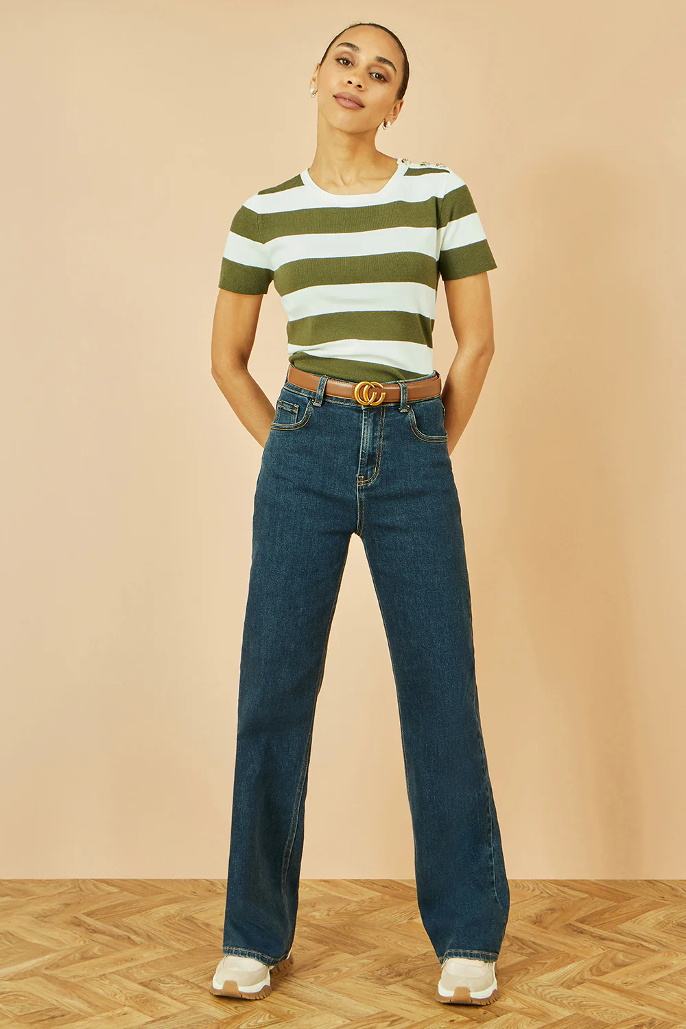 Yumi Green Block Stripe Knitted Top With Button Details - Image 3