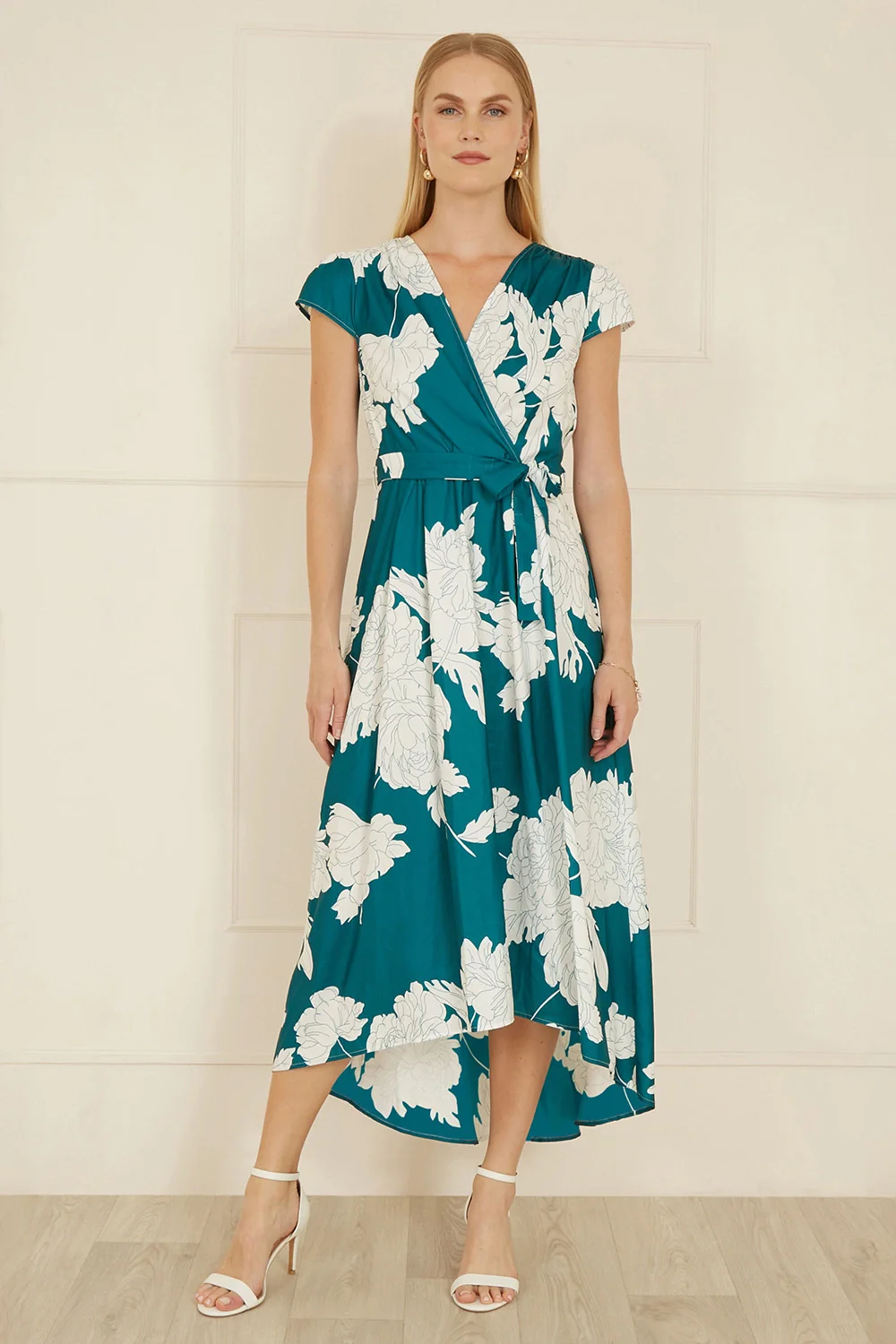Yumi Green Blossom Print Wrap Midi With Dipped Hem - Image 3