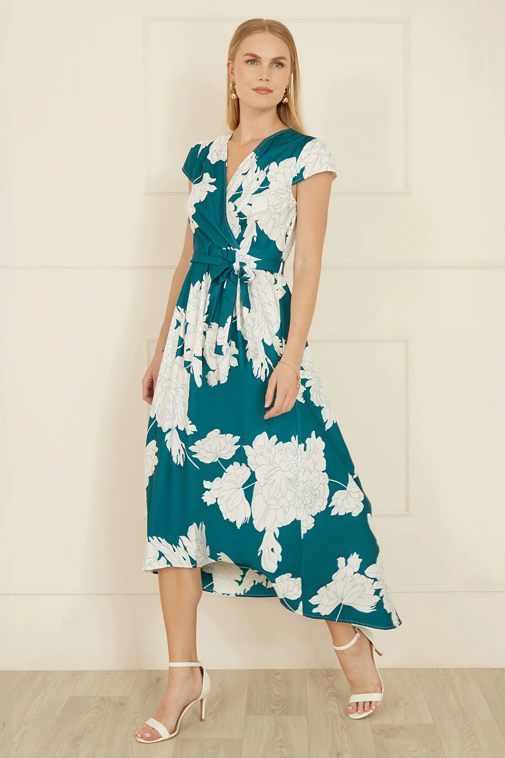 Yumi Green Blossom Print Wrap Midi With Dipped Hem - Image 4