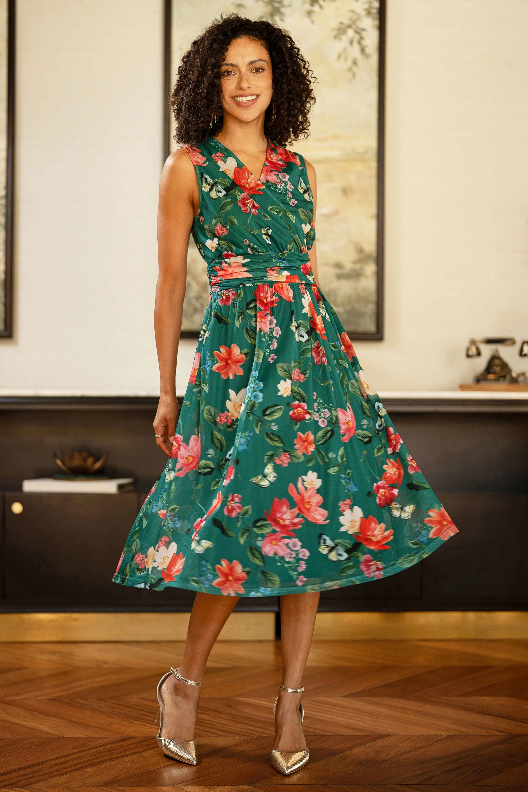 Yumi Green Blurred Floral Print Mesh Stretch Midi Dress With Pockets