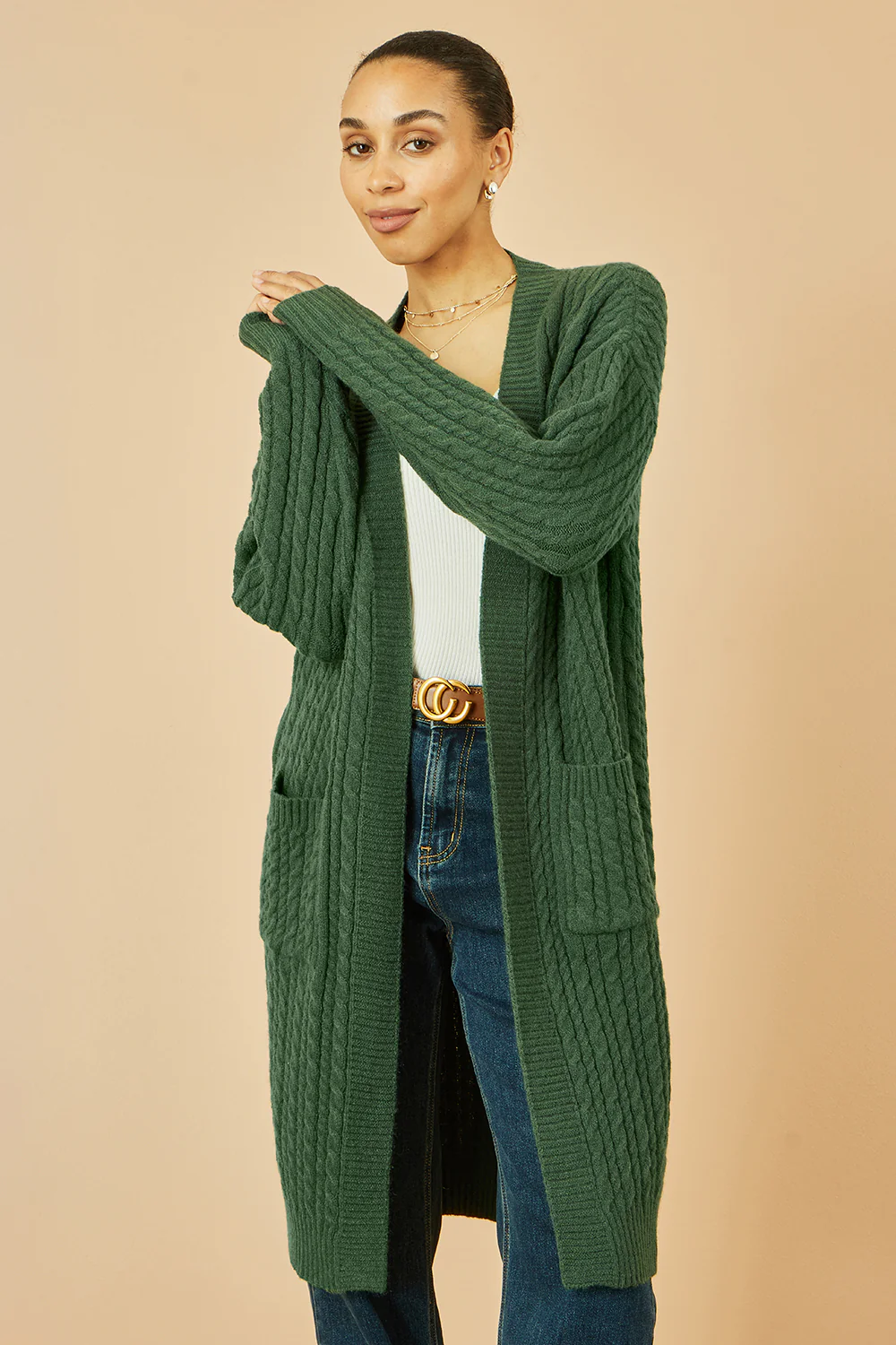 Yumi Green Cable Knit Edge to Edge Long Cardigan With Pockets - Image 2
