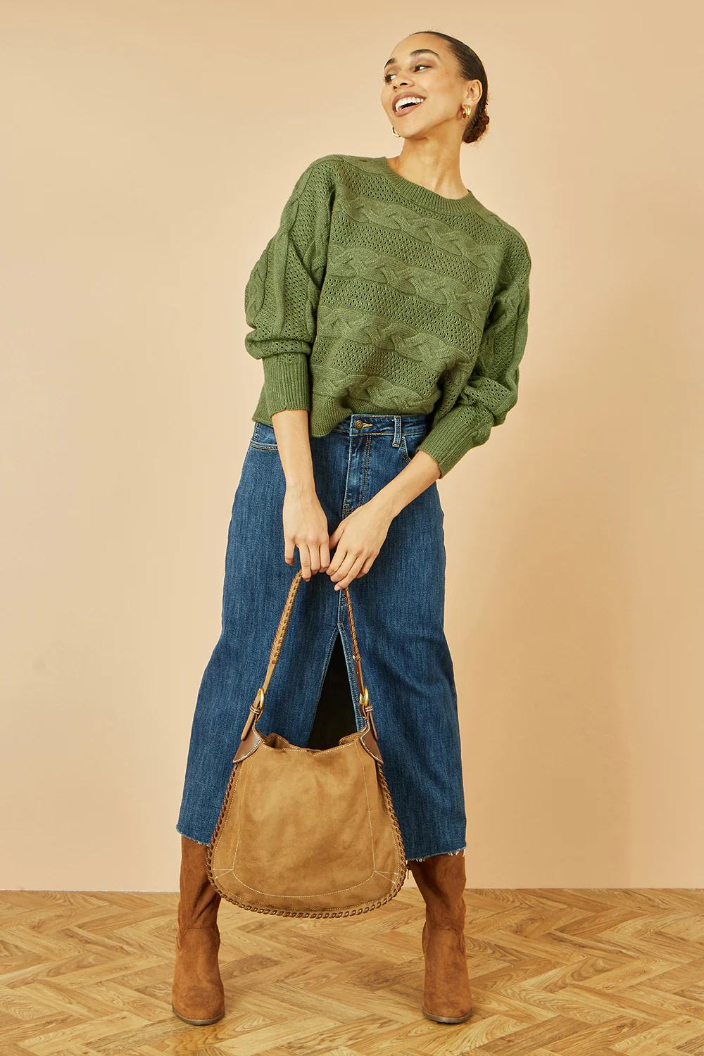 Yumi Green Cable Knit Relaxed Fit Jumper - Image 2