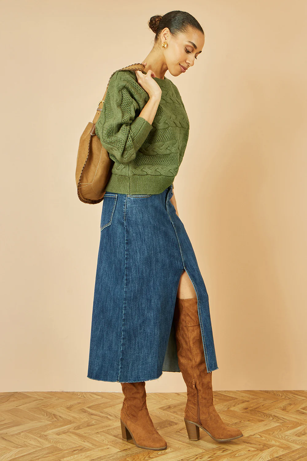 Yumi Green Cable Knit Relaxed Fit Jumper - Image 4