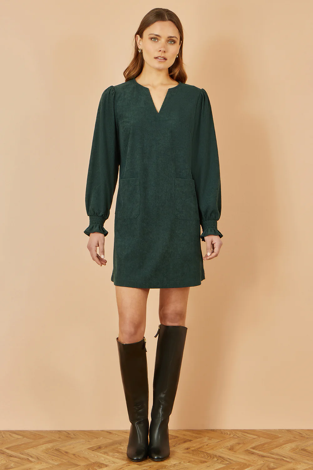 Yumi Green Cord Tunic With Ruched Sleeve - Image 3