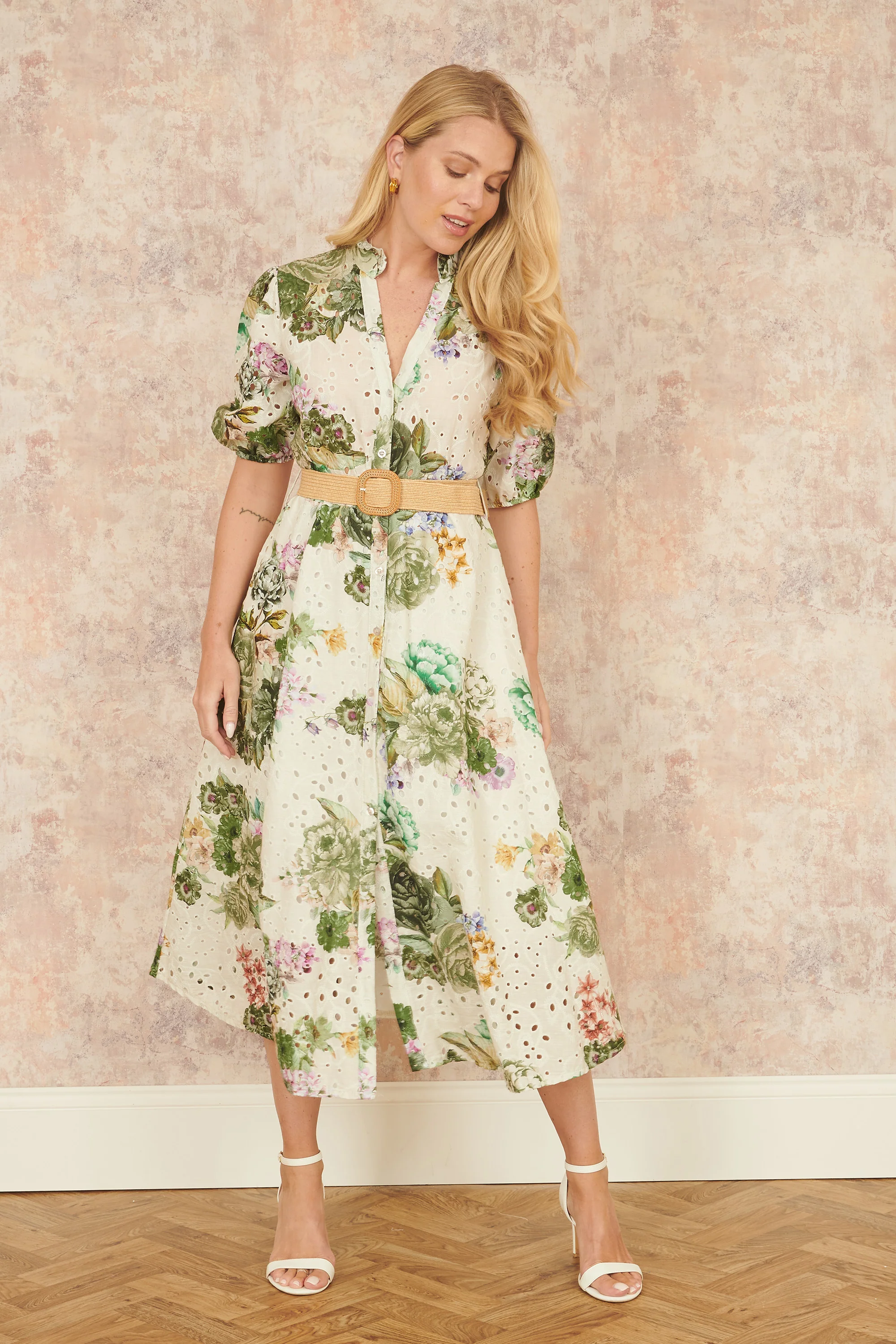 Yumi Green Cotton Broderie Anglaise Midi Shirt Dress - Image 3
