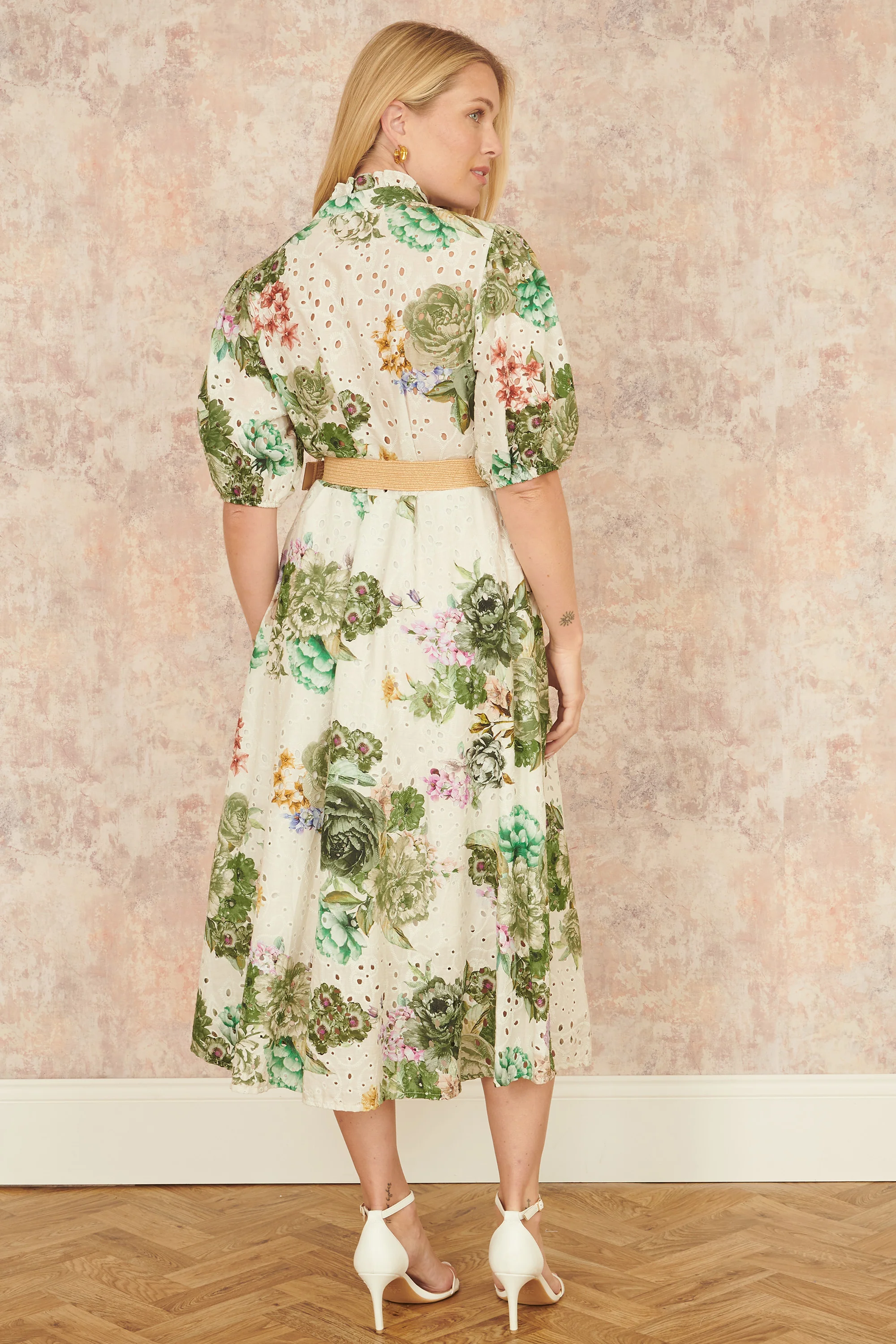 Yumi Green Cotton Broderie Anglaise Midi Shirt Dress - Image 4