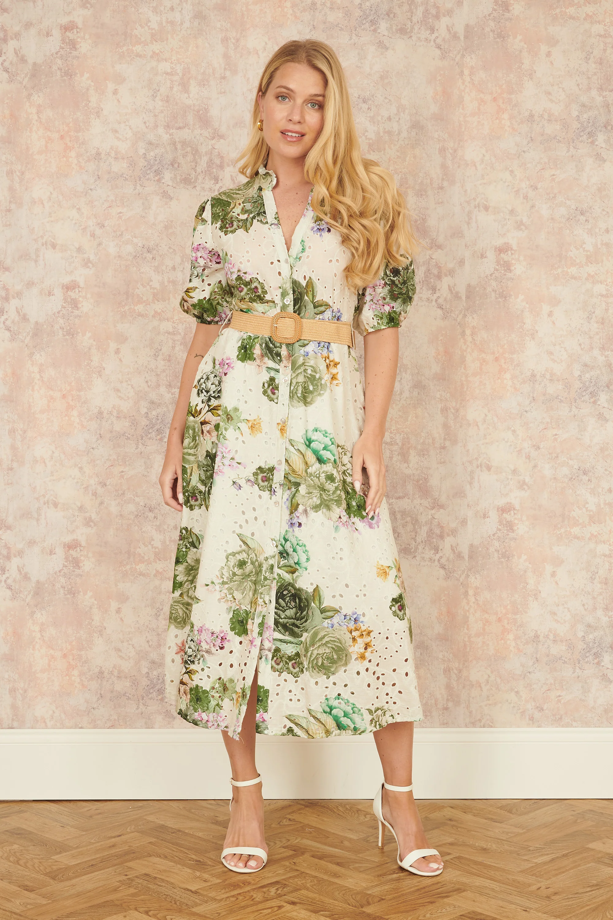 Yumi Green Cotton Broderie Anglaise Midi Shirt Dress - Image 5