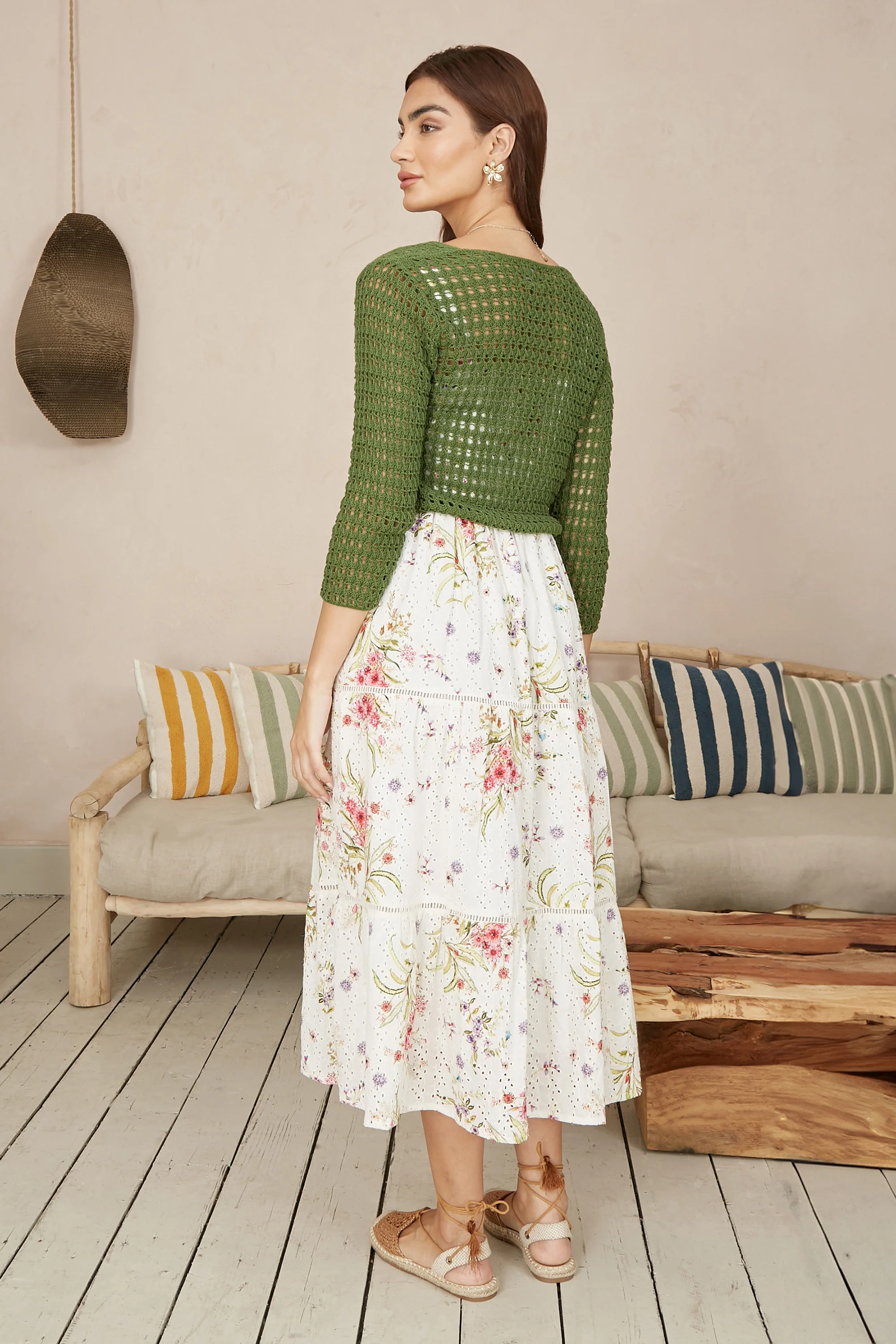 Yumi Green Cotton Crochet Twisted Bolero Top - Image 4