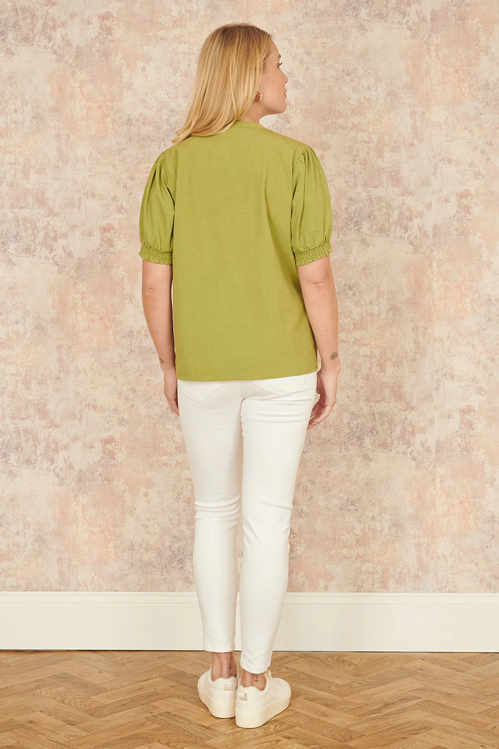 Yumi Green Cotton Pleated short Sleeve Shirt - Image 4
