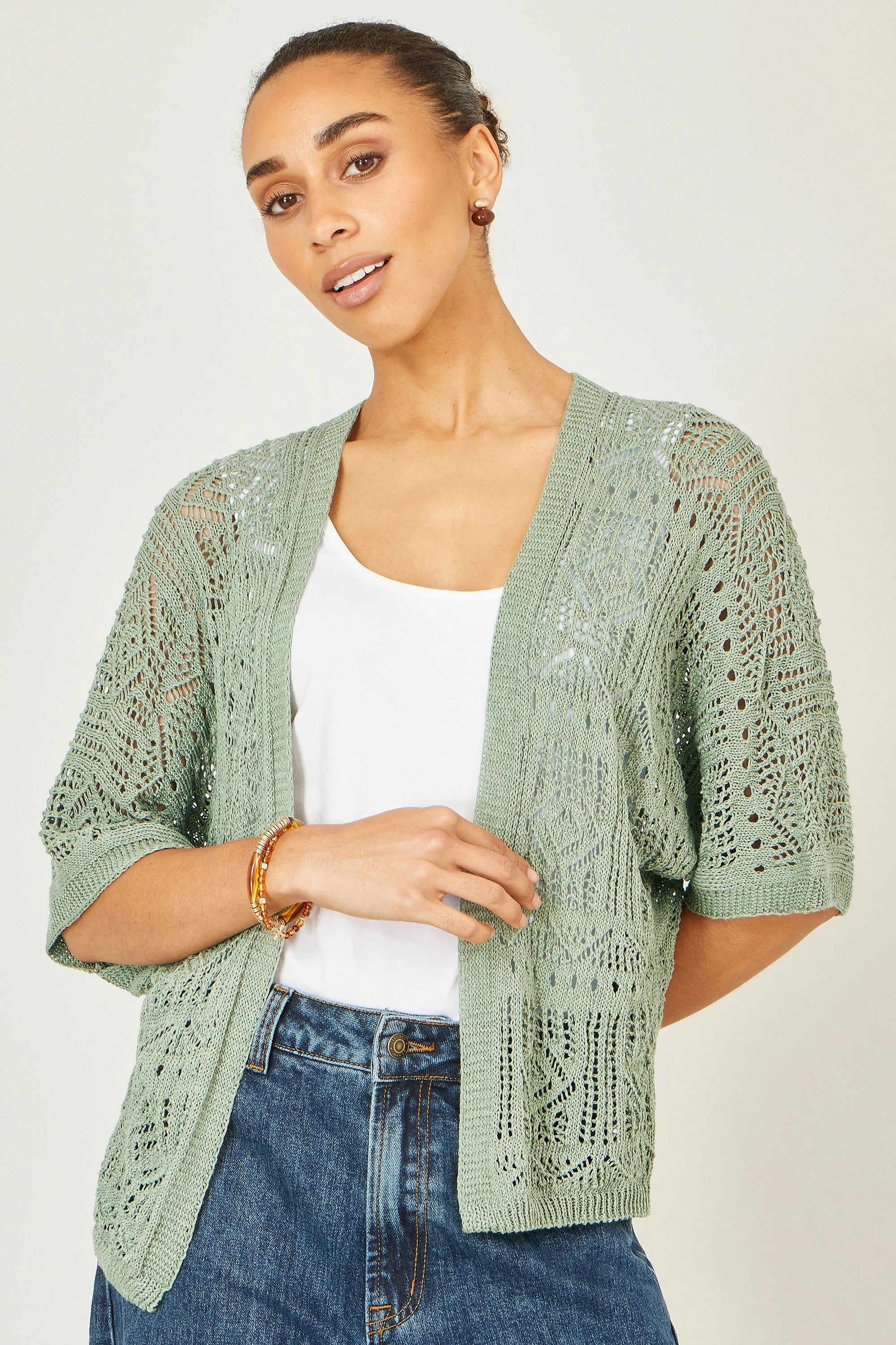 Yumi Green Crochet Edge To Edge 3/4 Sleeve Cardigan - Image 5