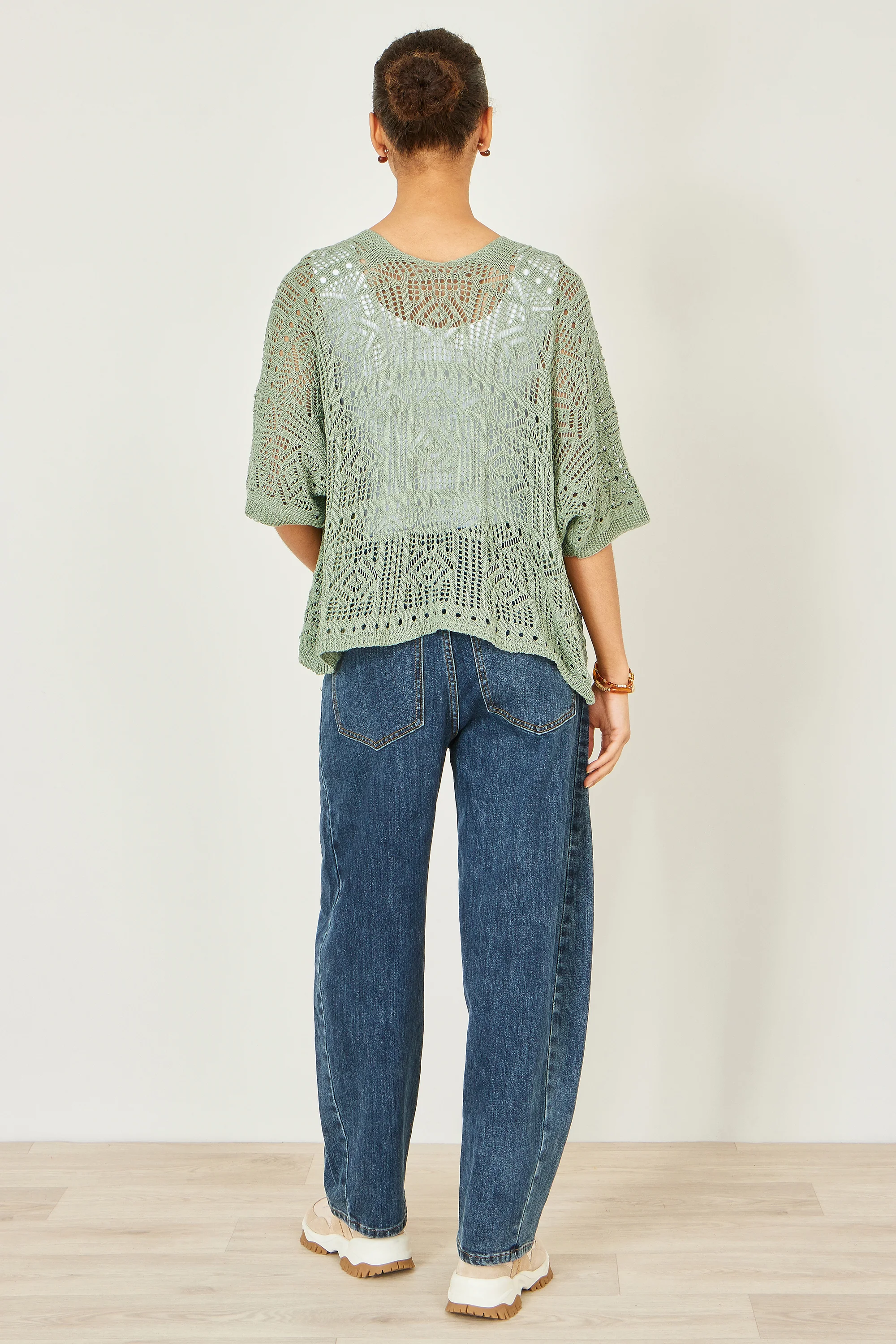 Yumi Green Crochet Edge To Edge 3/4 Sleeve Cardigan - Image 6