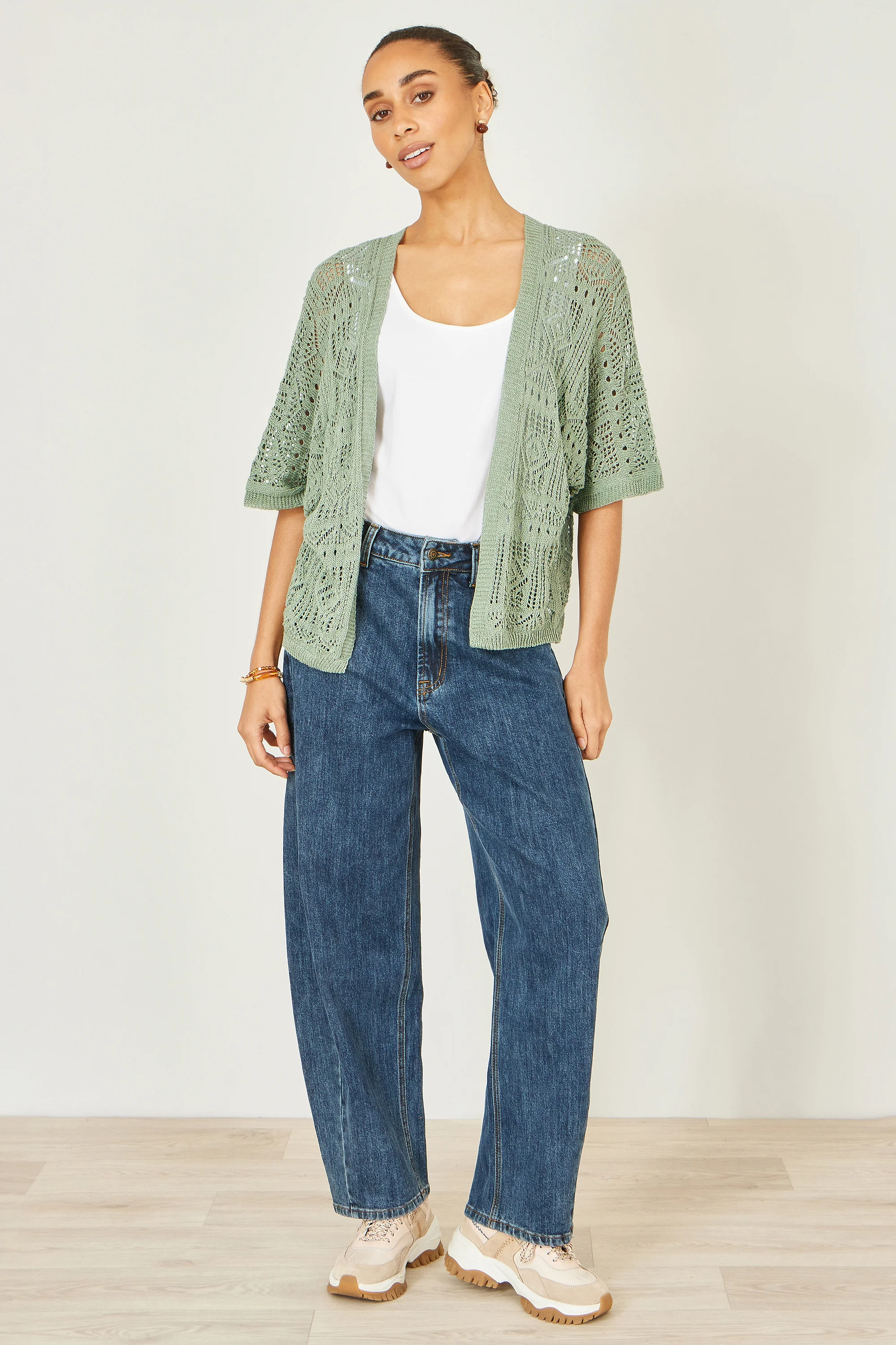 Yumi Green Crochet Edge To Edge 3/4 Sleeve Cardigan - Image 8