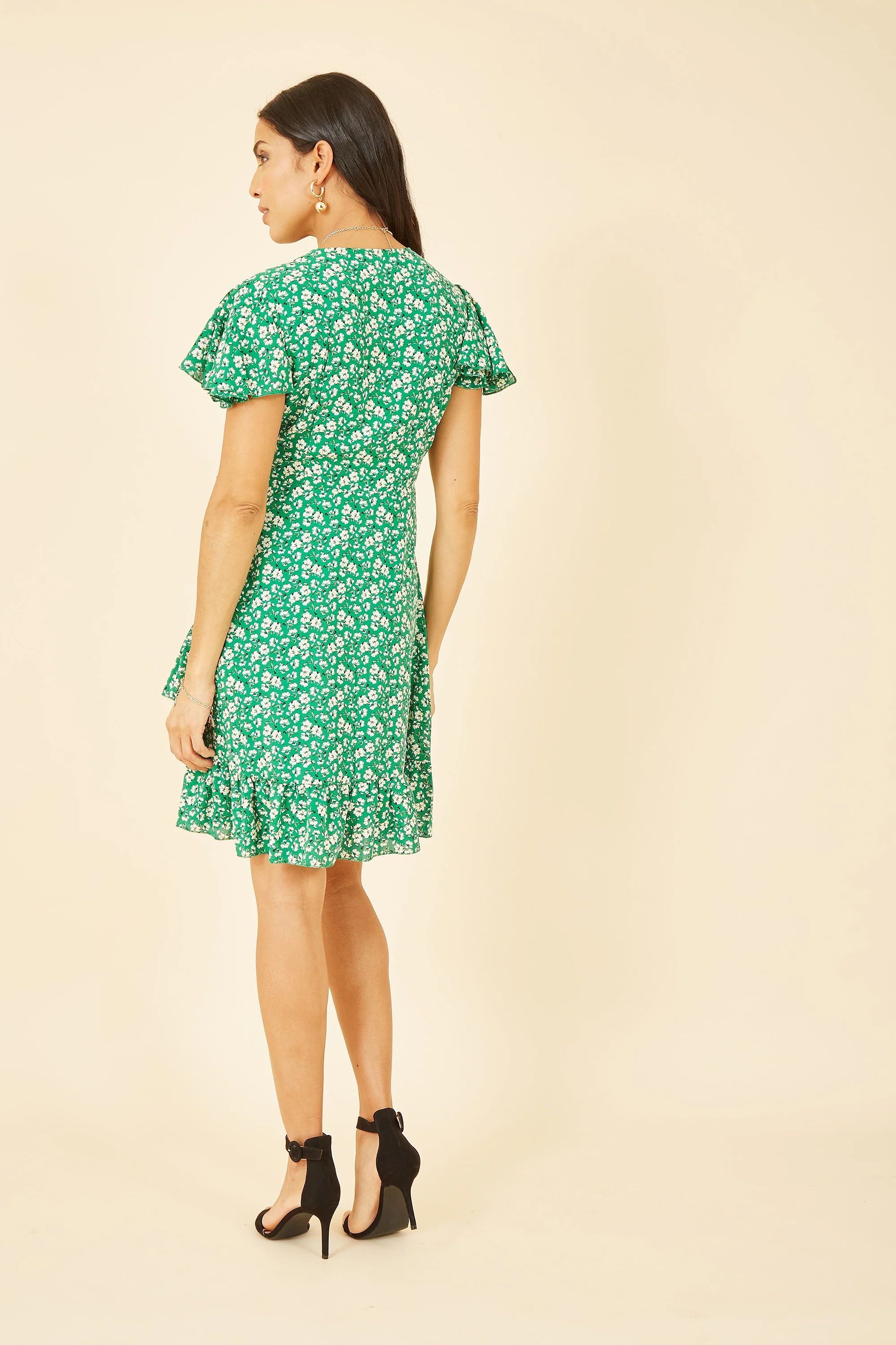 Yumi Green Ditsy Floral Wrap Frill Dress - Image 2