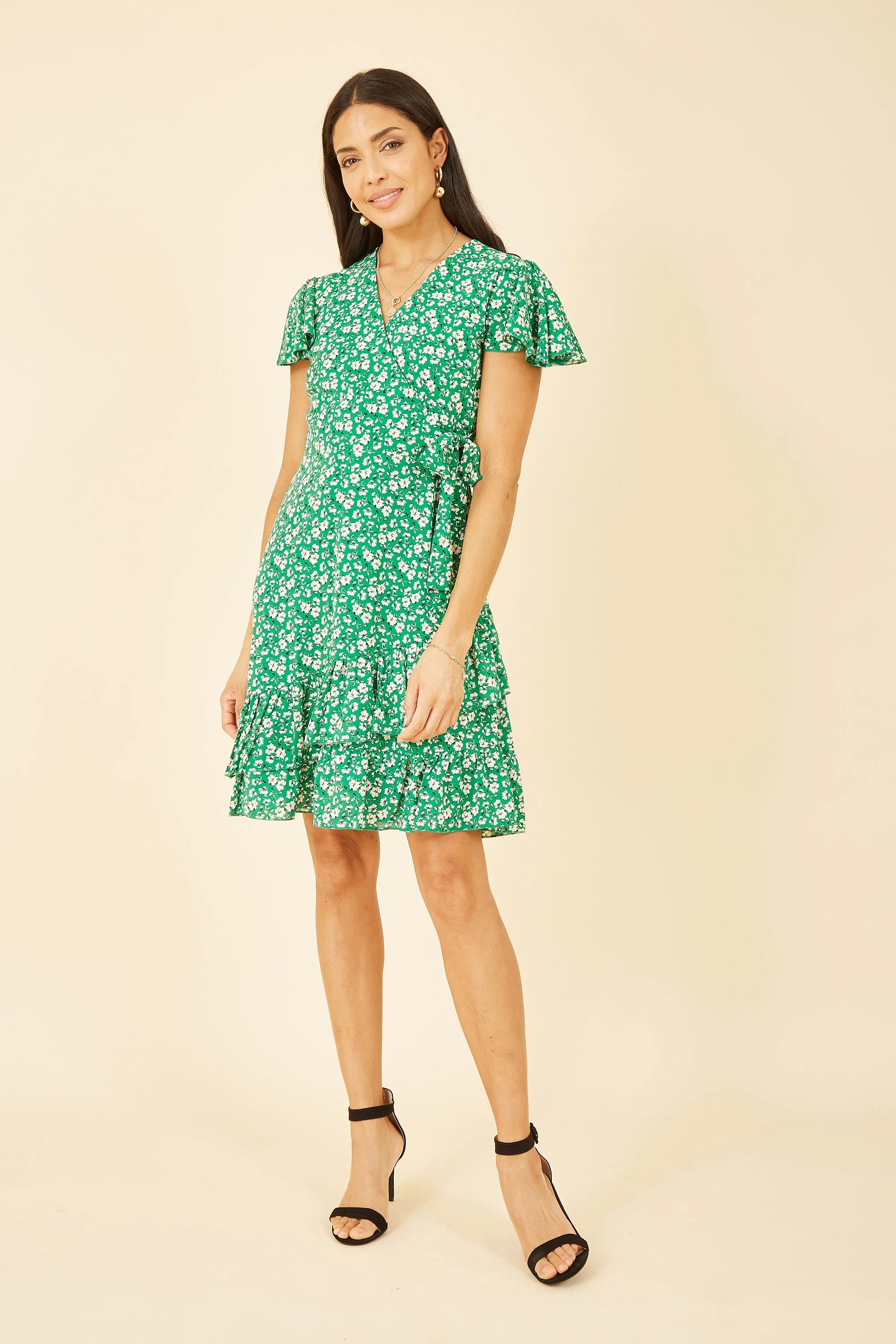 Yumi Green Ditsy Floral Wrap Frill Dress - Image 3