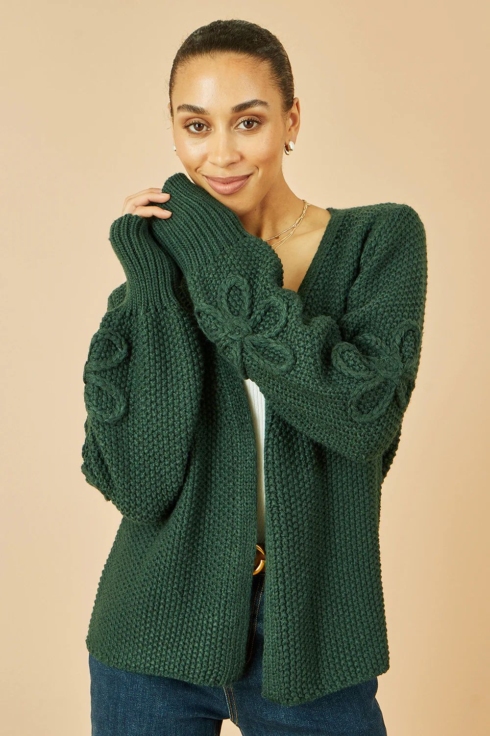 Yumi Green Edge to Edge Cardigan With Flower Detail Sleeves - Image 3