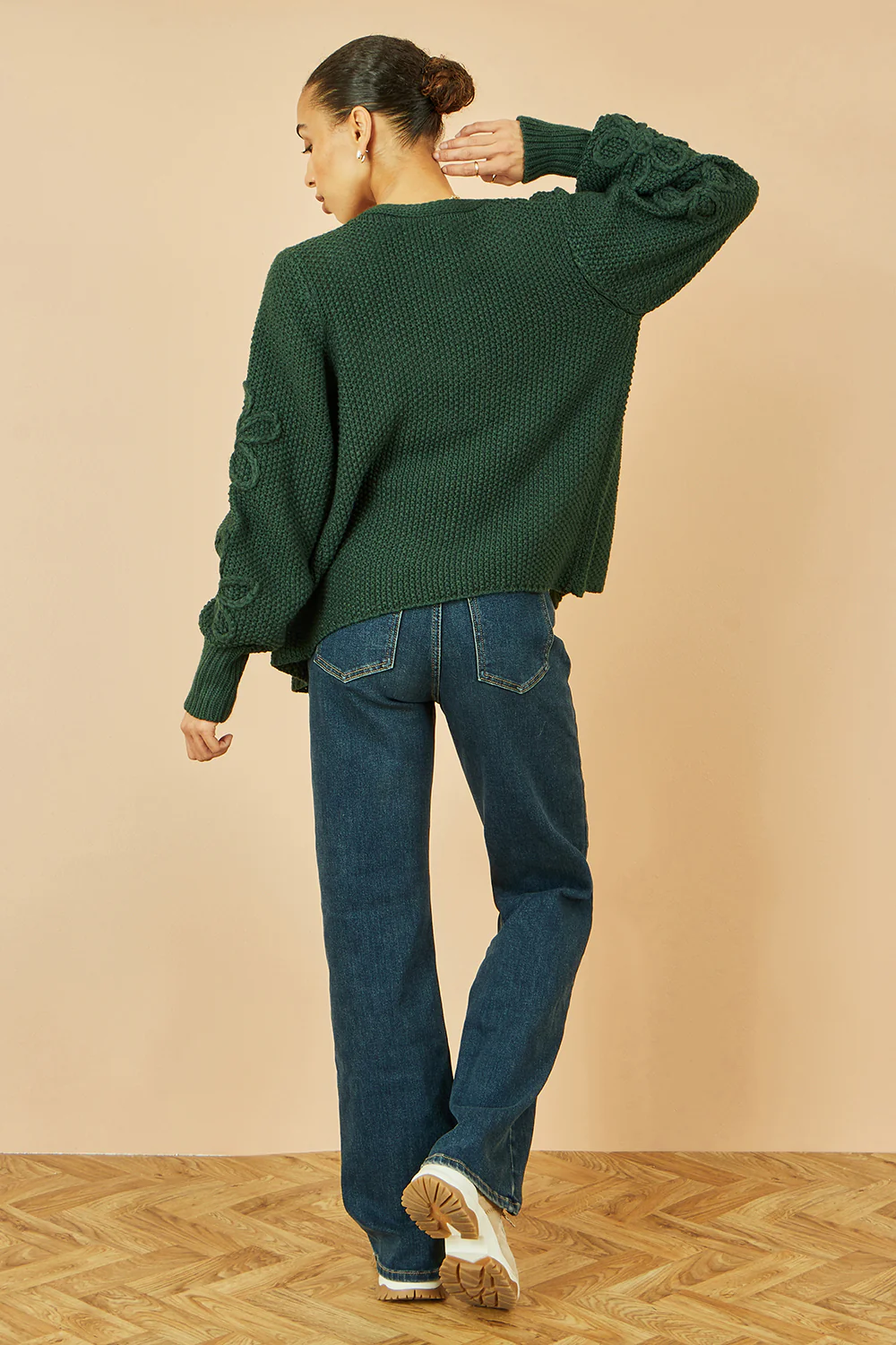 Yumi Green Edge to Edge Cardigan With Flower Detail Sleeves - Image 4