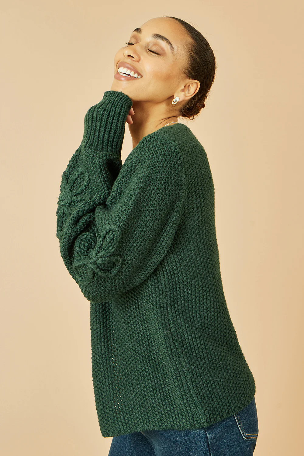 Yumi Green Edge to Edge Cardigan With Flower Detail Sleeves - Image 5