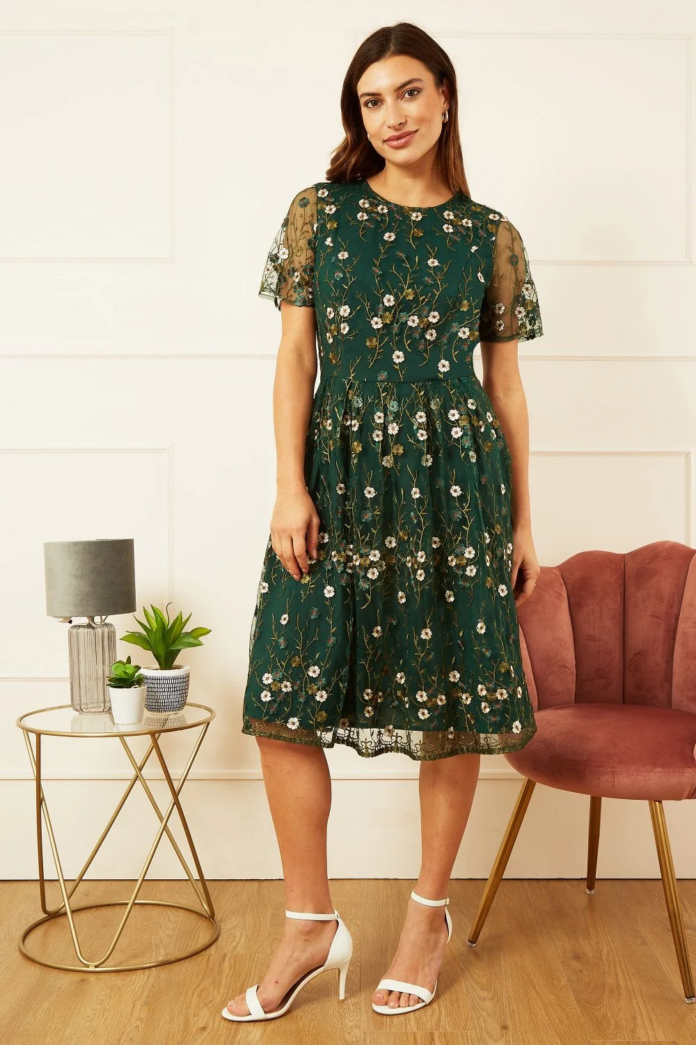 Yumi Green Embroidered Floral Skater Dress - Image 3