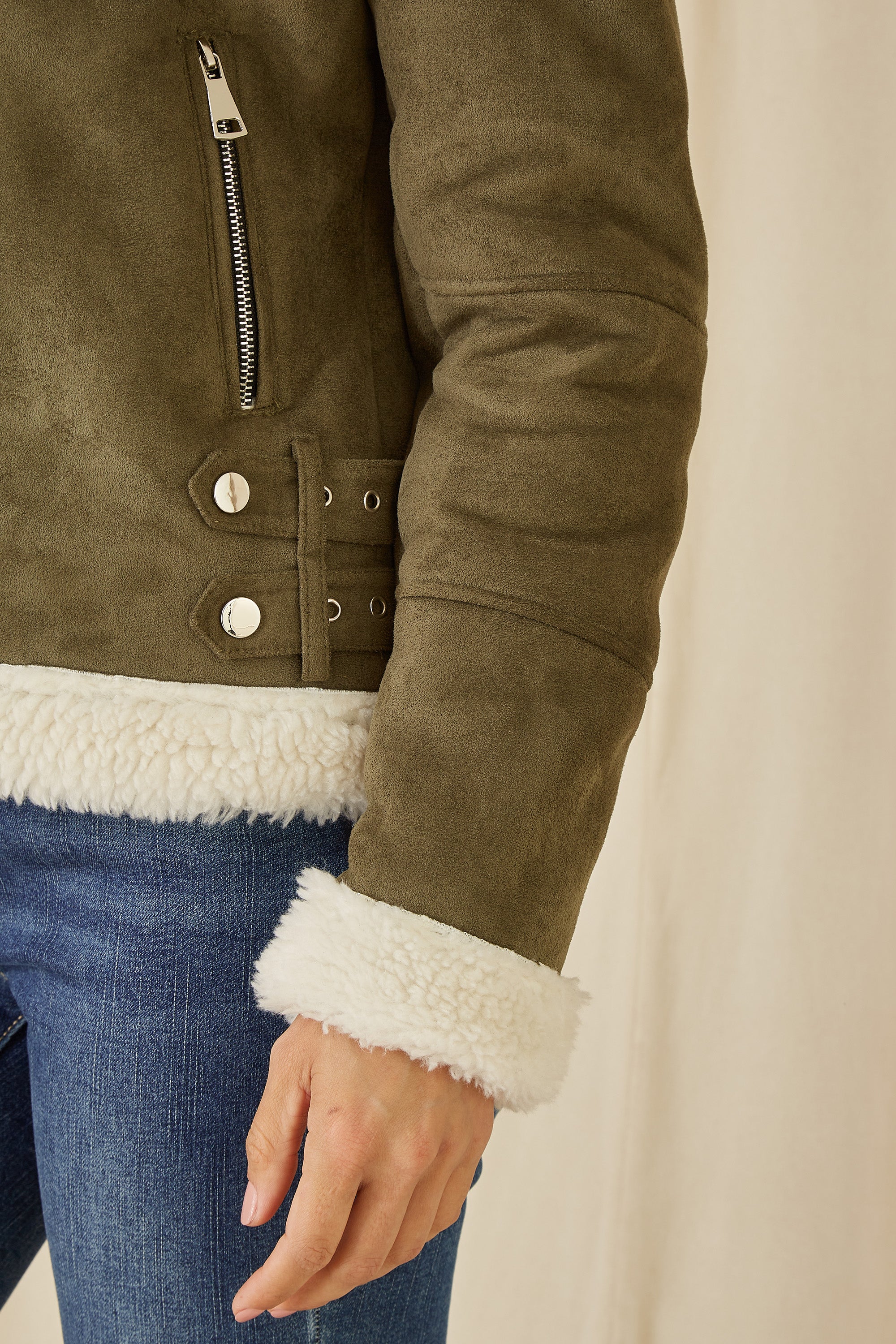 Yumi Green Faux Suede And Shearling Biker Jacket - Image 3