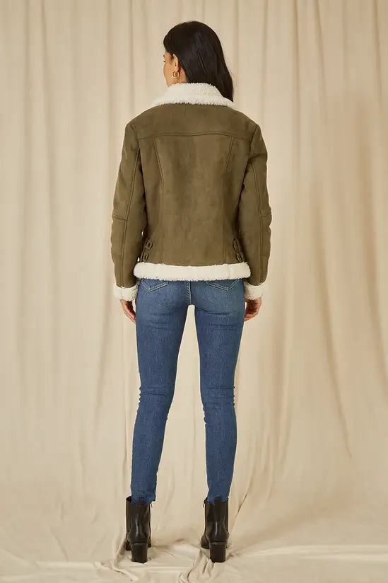 Yumi Green Faux Suede And Shearling Biker Jacket - Image 4