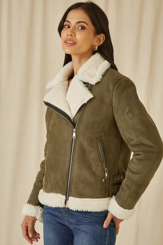 Yumi Green Faux Suede And Shearling Biker Jacket - Image 5