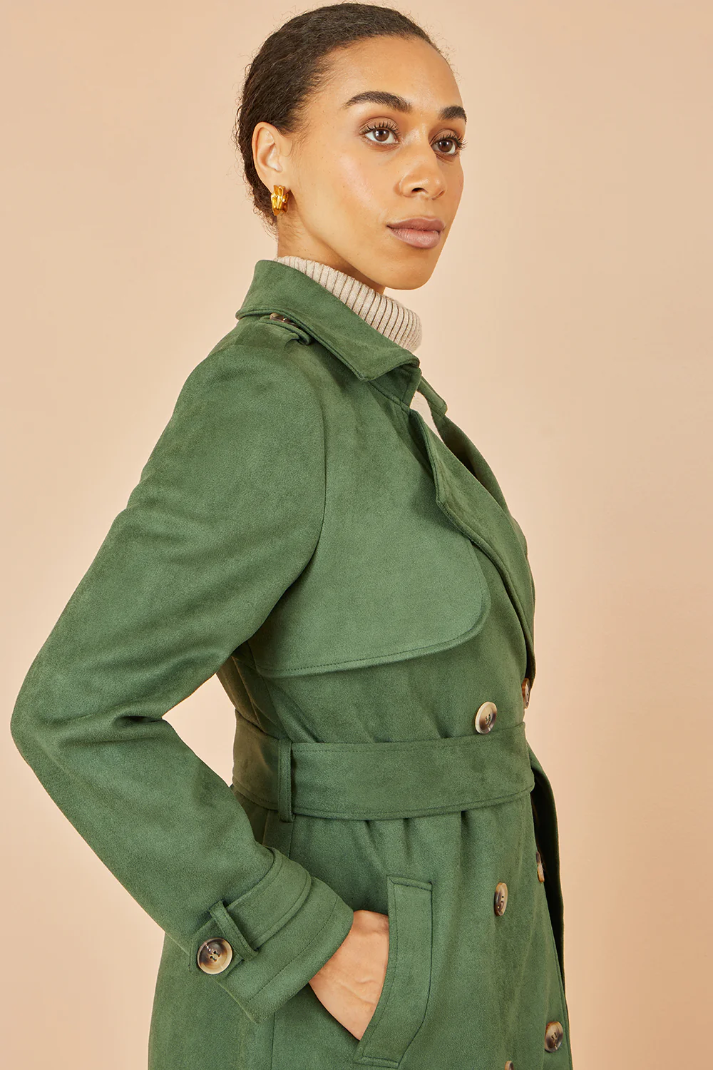 Yumi Green Faux Suede Trench Coat - Image 2