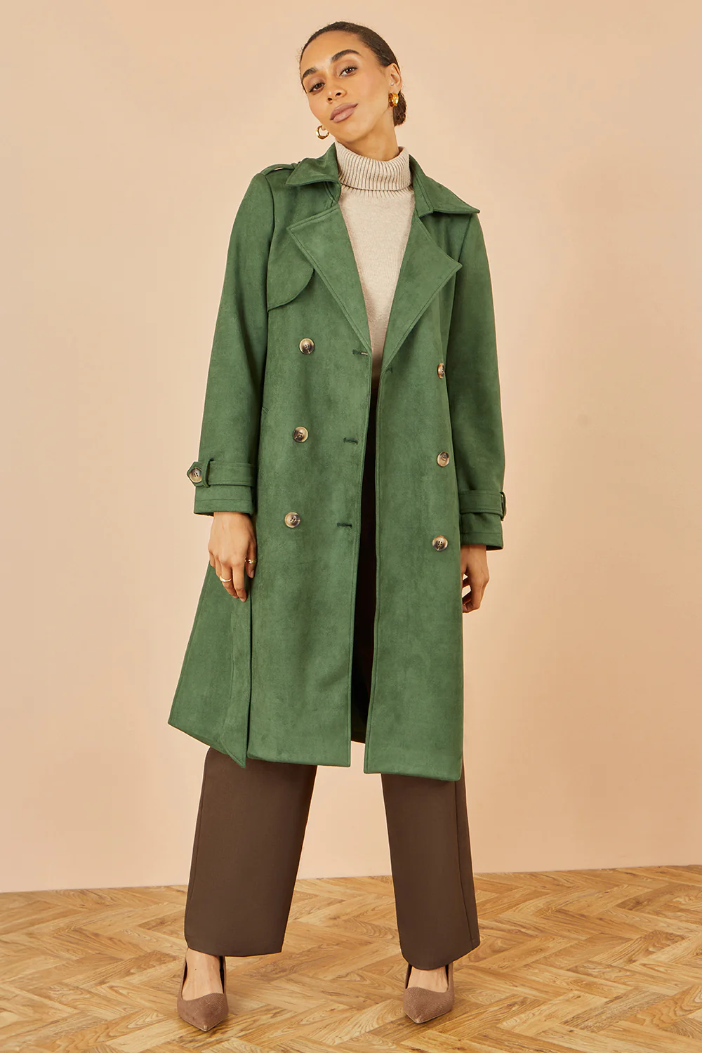 Yumi Green Faux Suede Trench Coat - Image 3