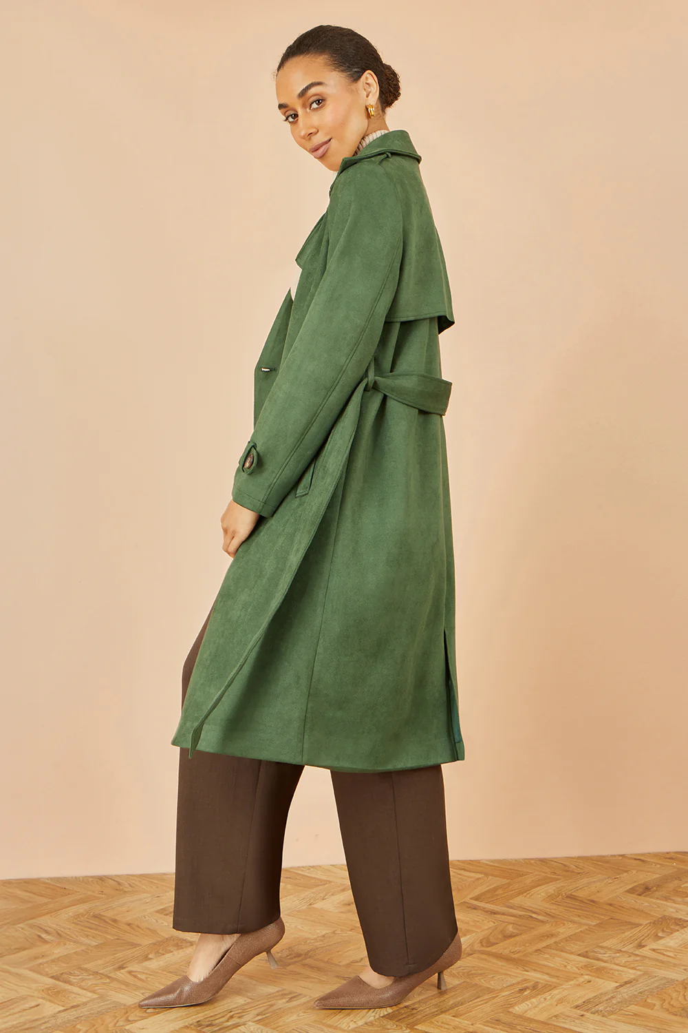 Yumi Green Faux Suede Trench Coat - Image 4