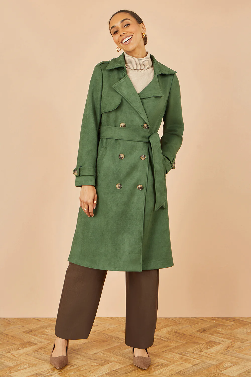 Yumi Green Faux Suede Trench Coat - Image 5