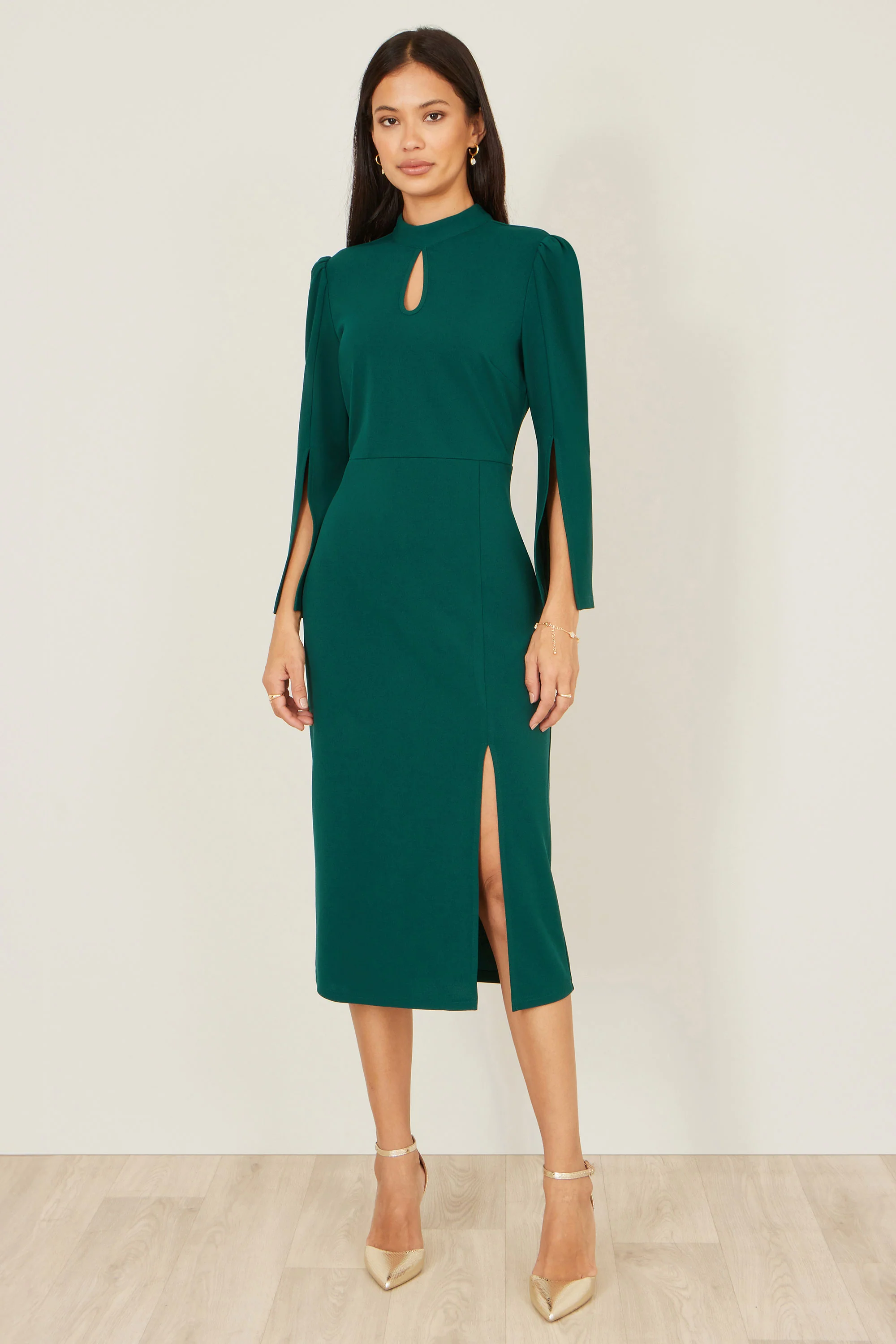 Yumi Green Fitted Midi Dress With Flute Sleeves - Image 3