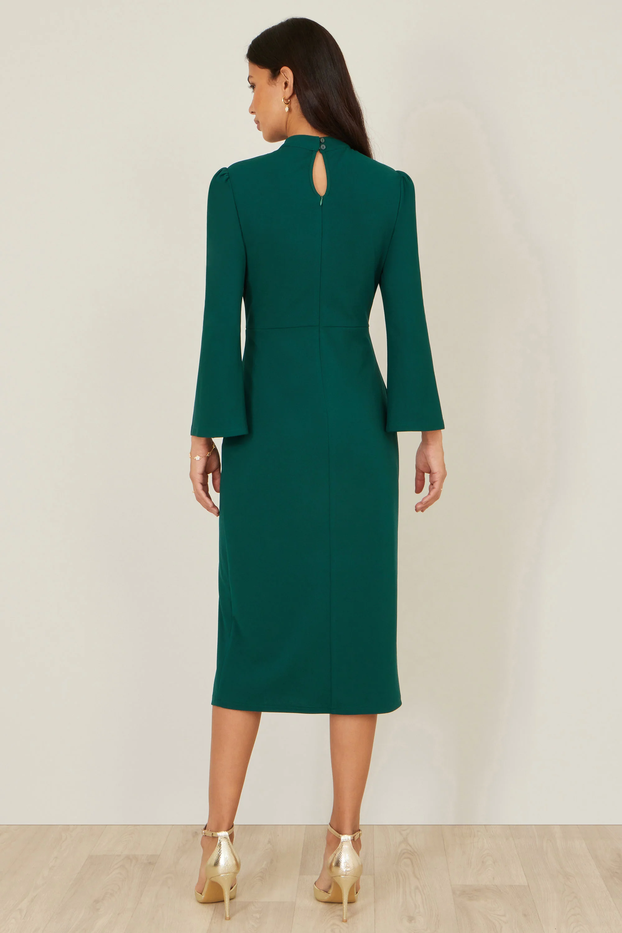 Yumi Green Fitted Midi Dress With Flute Sleeves - Image 4